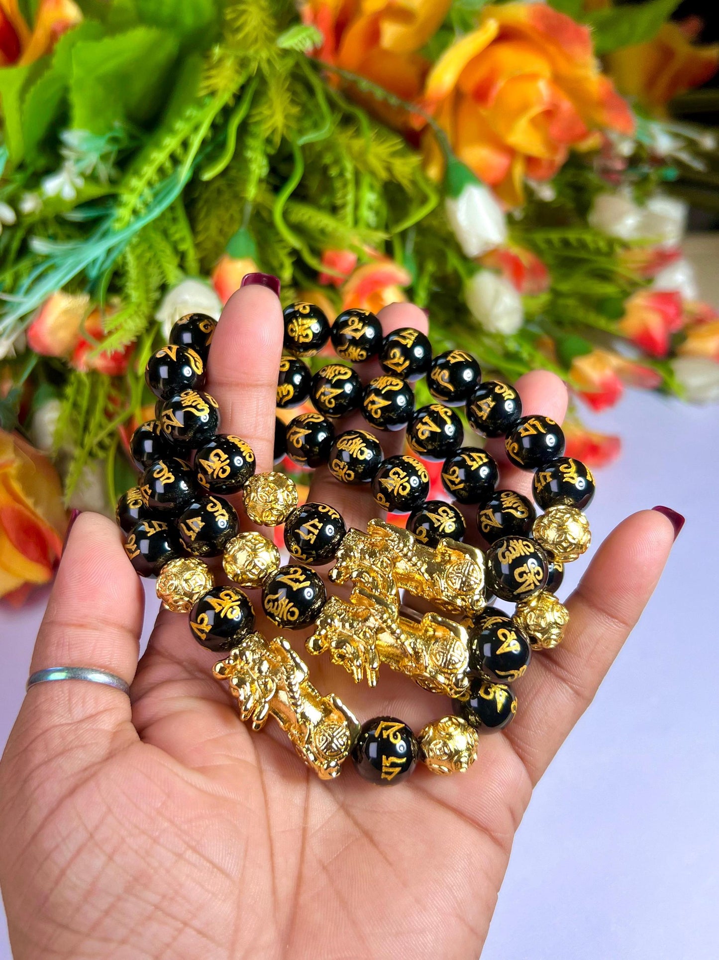 Feng Shui Pixiu Bead with Black Obsidian Om Mani Padme Hum Stone Bracelet 8mm Wealth Bracelet, Protection Healing Bracelet Gift for Unisex