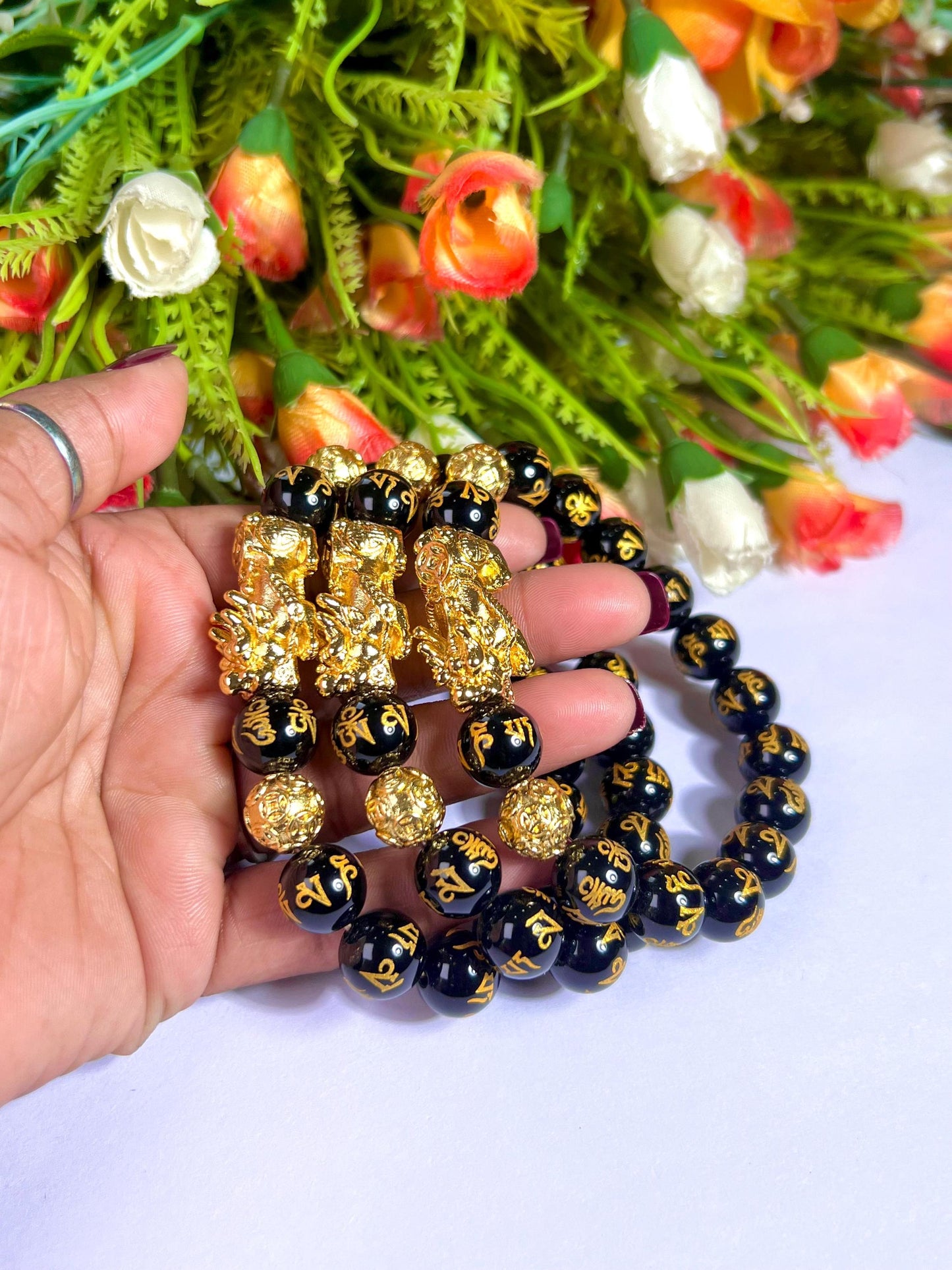 Feng Shui Pixiu Bead with Black Obsidian Om Mani Padme Hum Stone Bracelet 8mm Wealth Bracelet, Protection Healing Bracelet Gift for Unisex