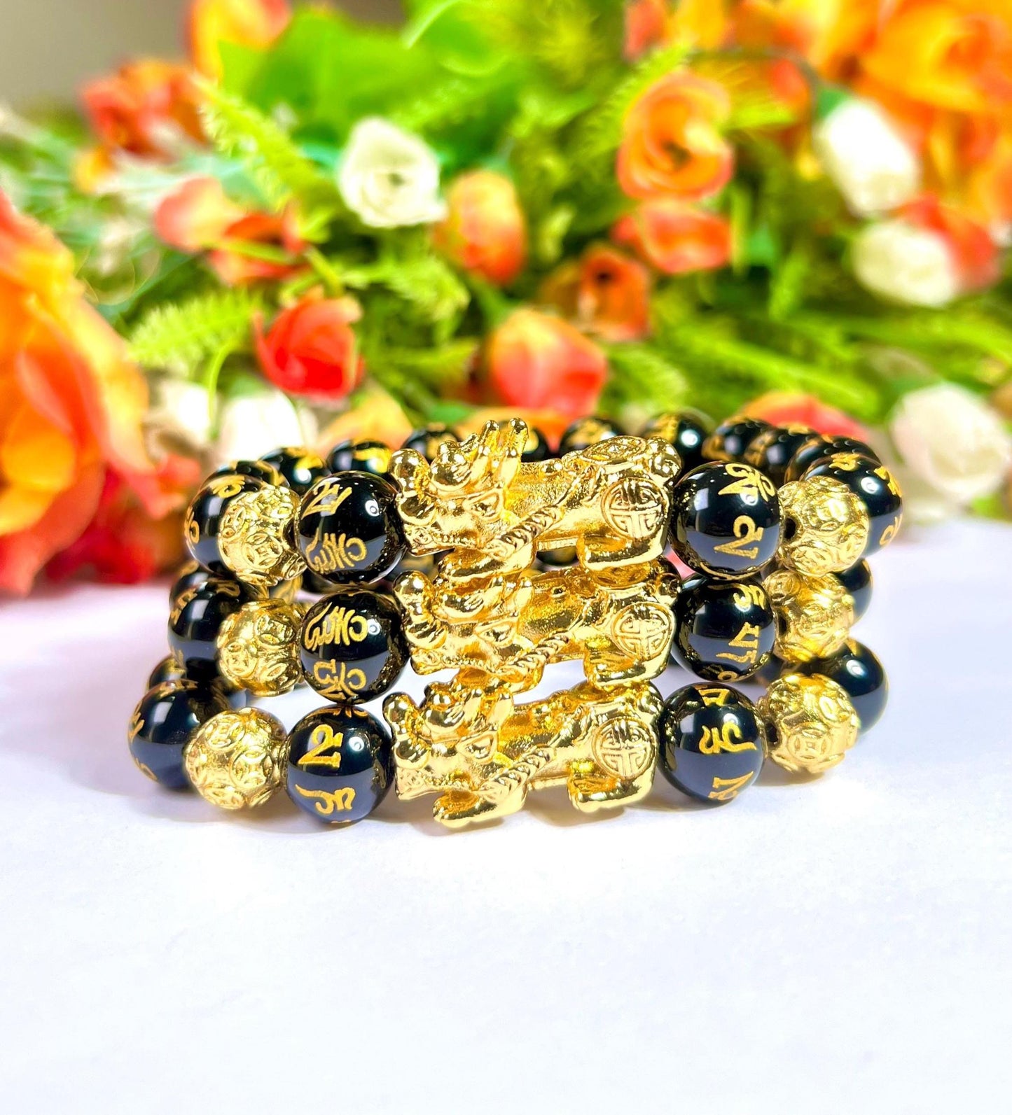 Feng Shui Pixiu Bead with Black Obsidian Om Mani Padme Hum Stone Bracelet 8mm Wealth Bracelet, Protection Healing Bracelet Gift for Unisex