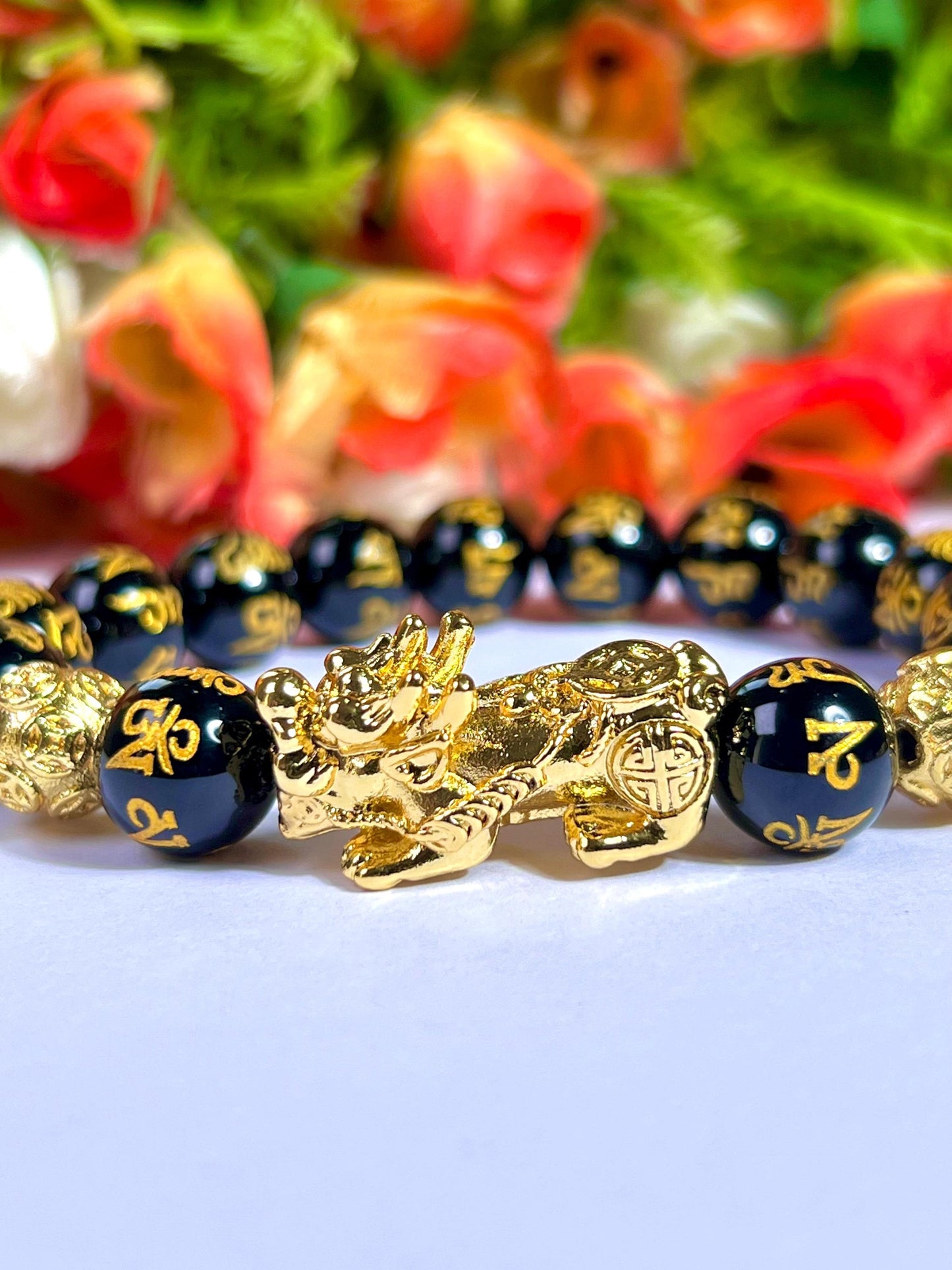 Feng Shui Pixiu Bead with Black Obsidian Om Mani Padme Hum Stone Bracelet 8mm Wealth Bracelet, Protection Healing Bracelet Gift for Unisex