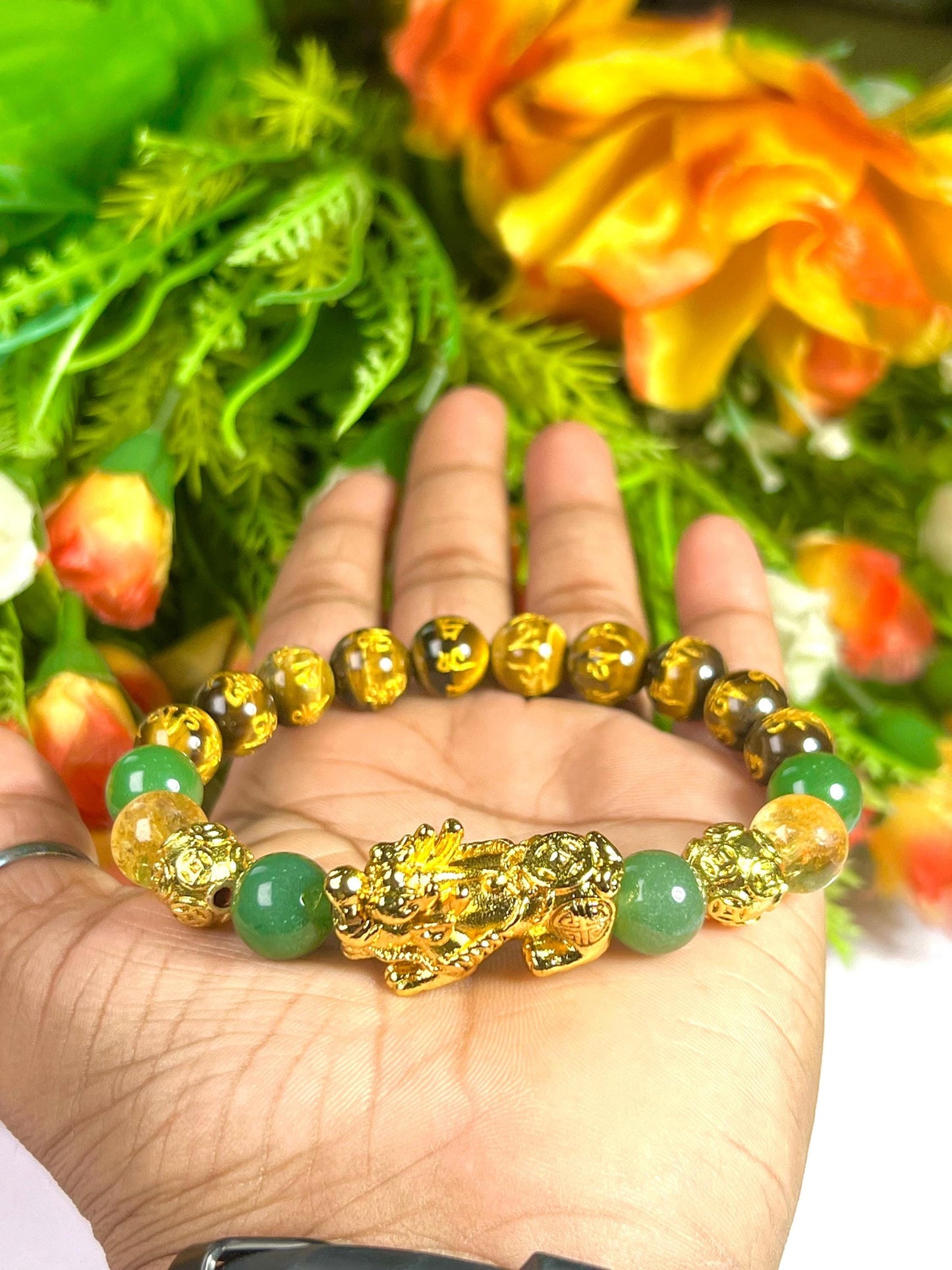 Feng Shui Pixiu Bead with Tiger Eye Om Mani Padme Hum With Citrine & Green Aventurine Stone Wealth Bracelet