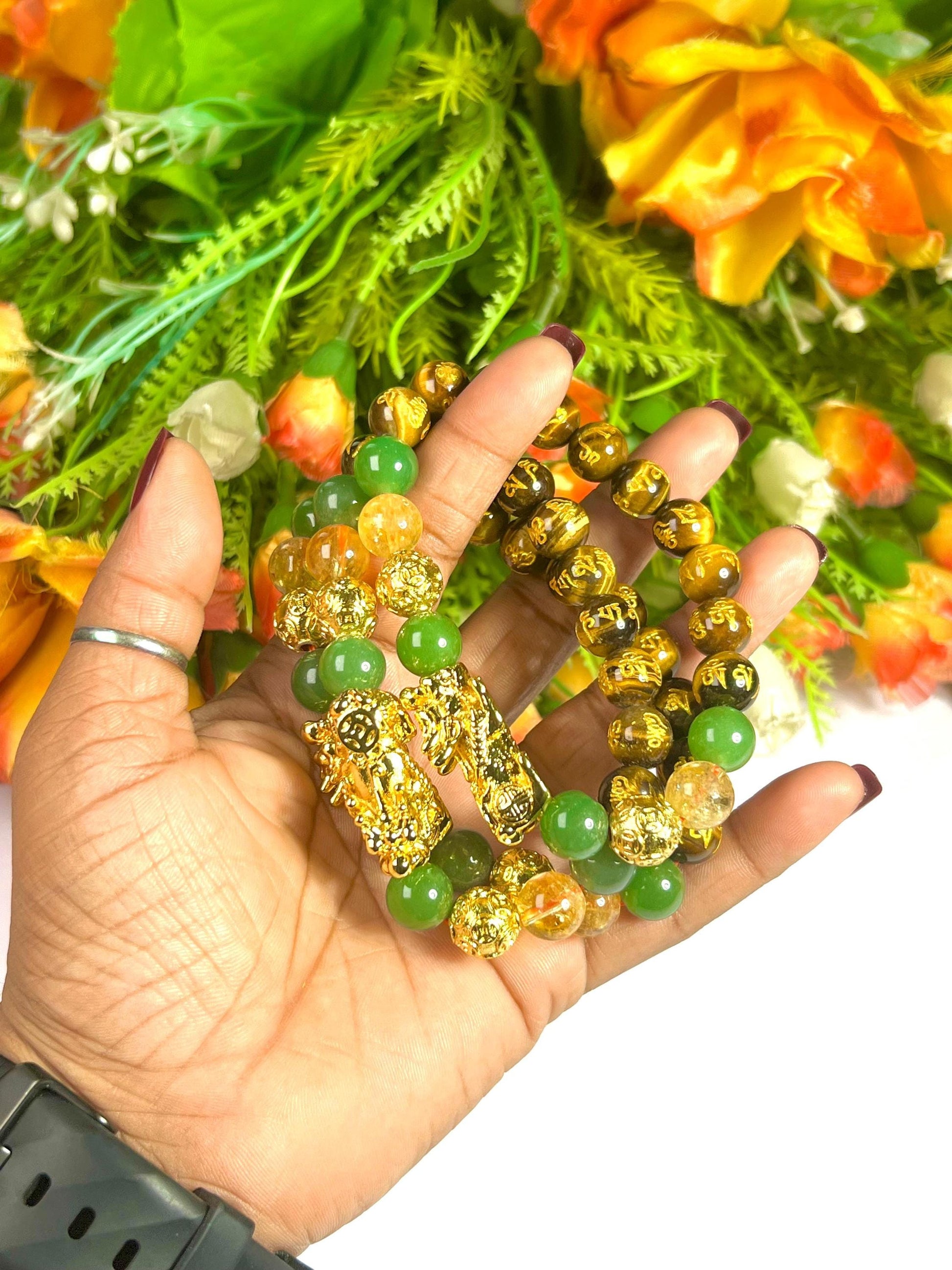 Feng Shui Pixiu Bead with Tiger Eye Om Mani Padme Hum With Citrine & Green Aventurine Stone Wealth Bracelet