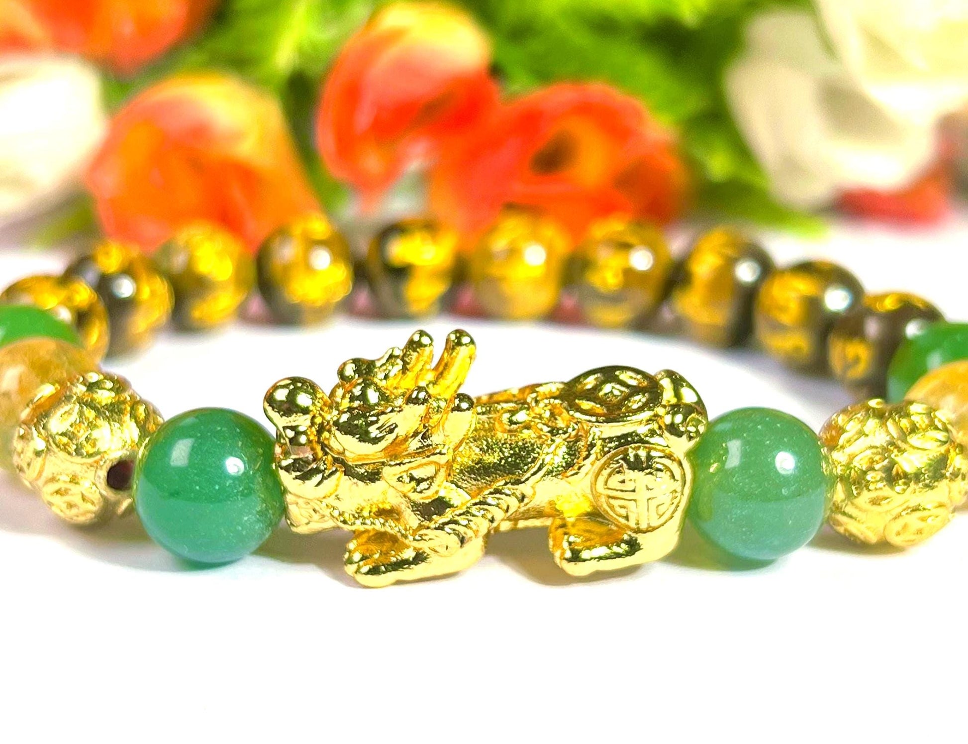 Feng Shui Pixiu Bead with Tiger Eye Om Mani Padme Hum With Citrine & Green Aventurine Stone Wealth Bracelet