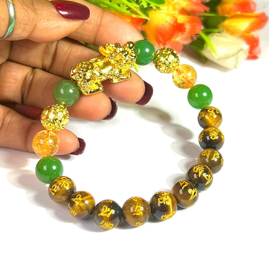 Feng Shui Pixiu Bead with Tiger Eye Om Mani Padme Hum With Citrine & Green Aventurine Stone Wealth Bracelet