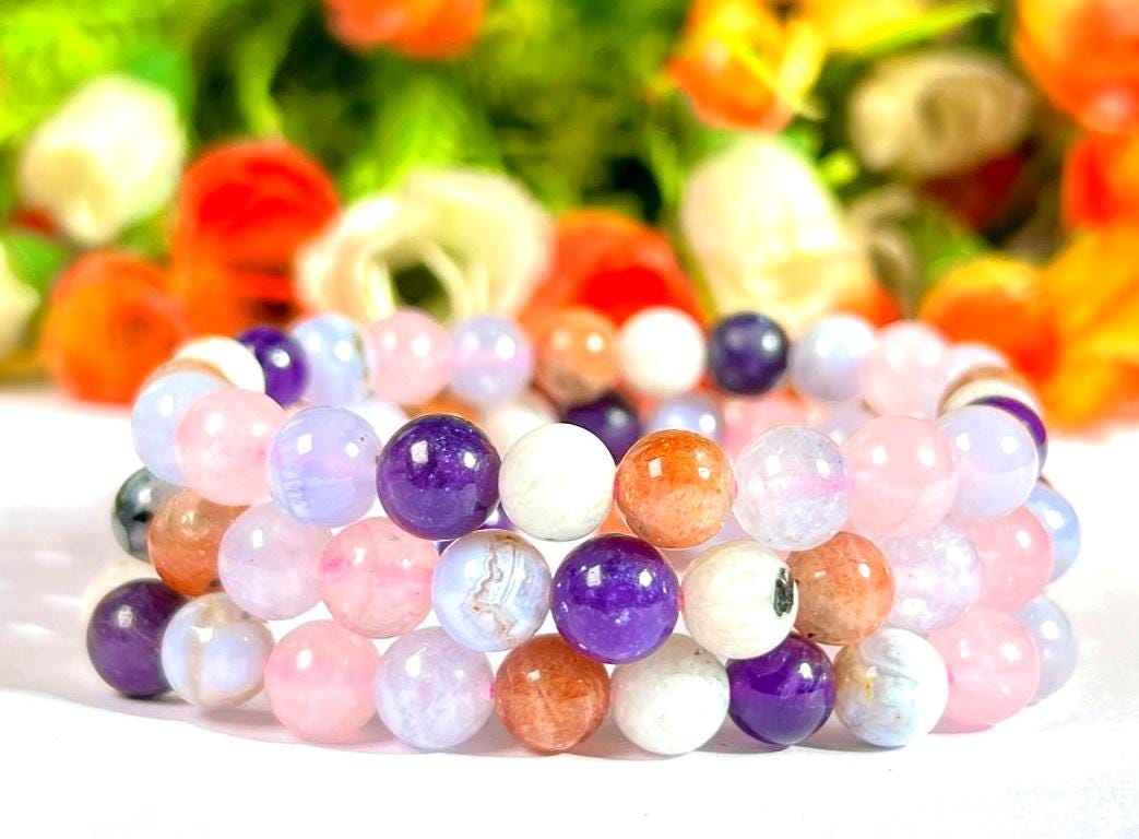 Anxiety and Stress Relief Crystal Bracelet – Aquamarine, Sunstone, Rainbow Moonstone, Amethyst, Blue Lace Agate, Rose Quartz and Lepidolite