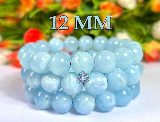 12 MM Aquamarine Stone Bracelet l Stretchable Bracelet l Unisex Bracelet