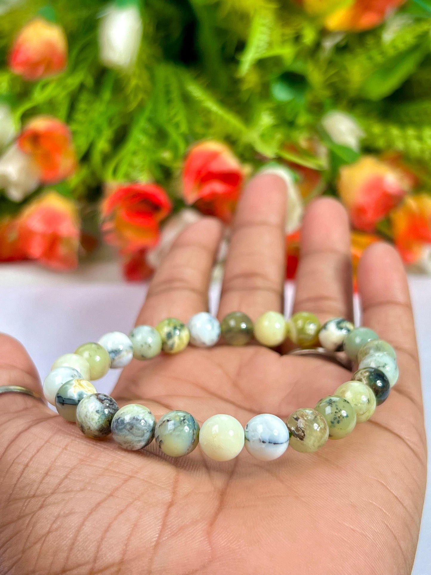 Green Dendritic Opal Stone Bracelet l Stretchable Bracelet l Unisex Bracelet l 8 MM Bracelet