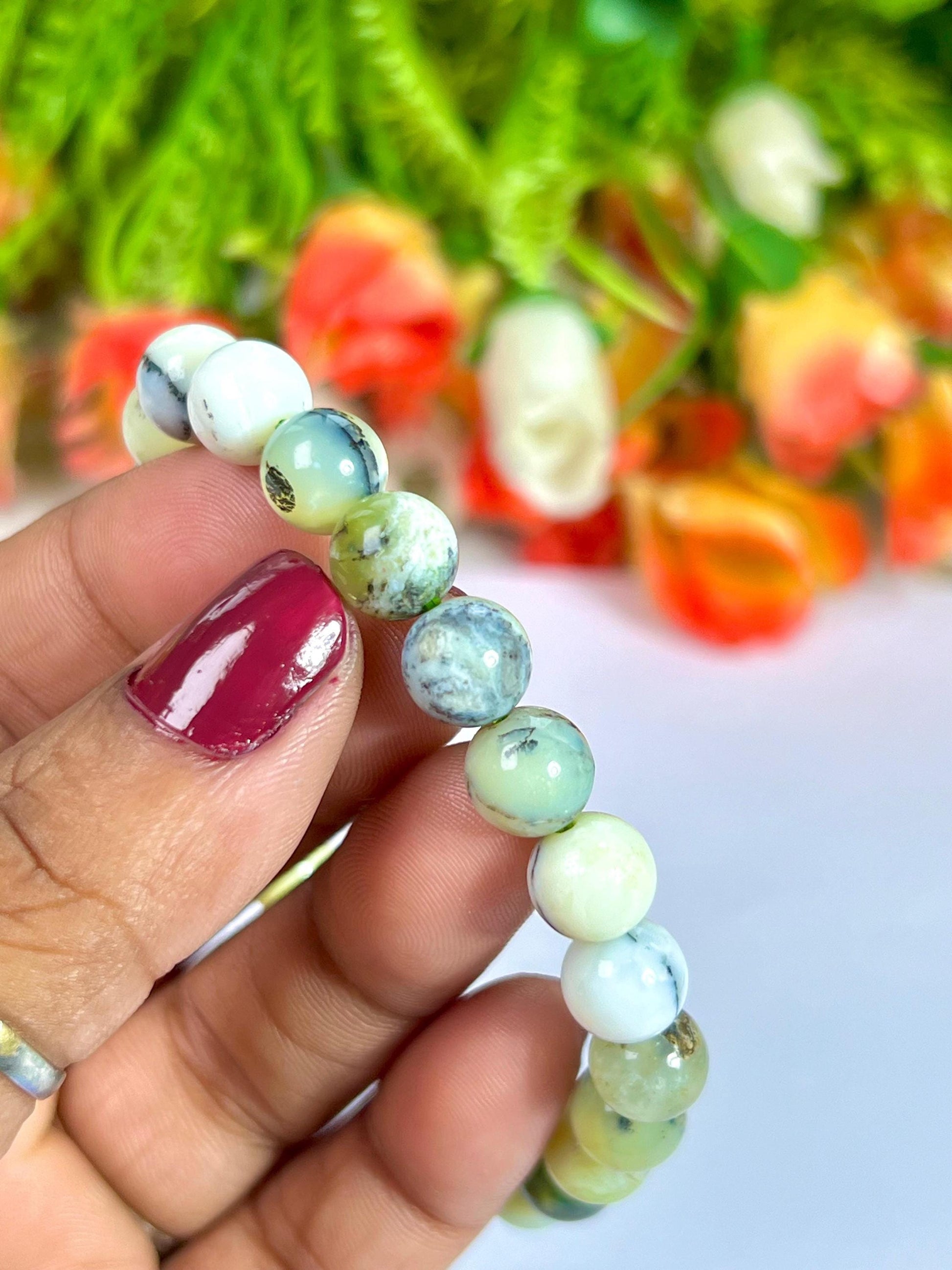 Green Dendritic Opal Stone Bracelet l Stretchable Bracelet l Unisex Bracelet l 8 MM Bracelet