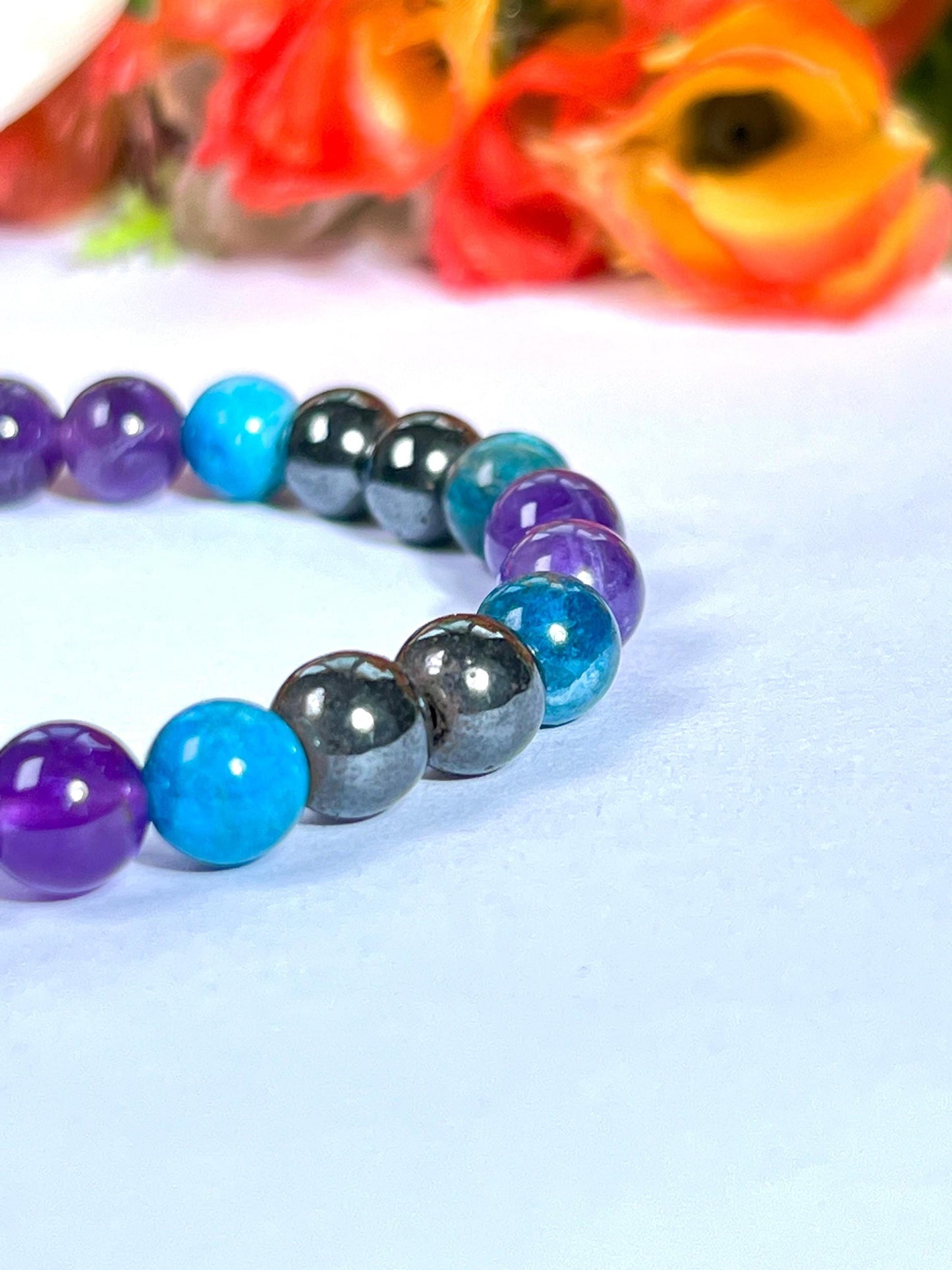 Weight Balance Stone Crystal Bracelet l Blue Apatite , Hematite,  Amethyst Stone Bracelet 8 MM