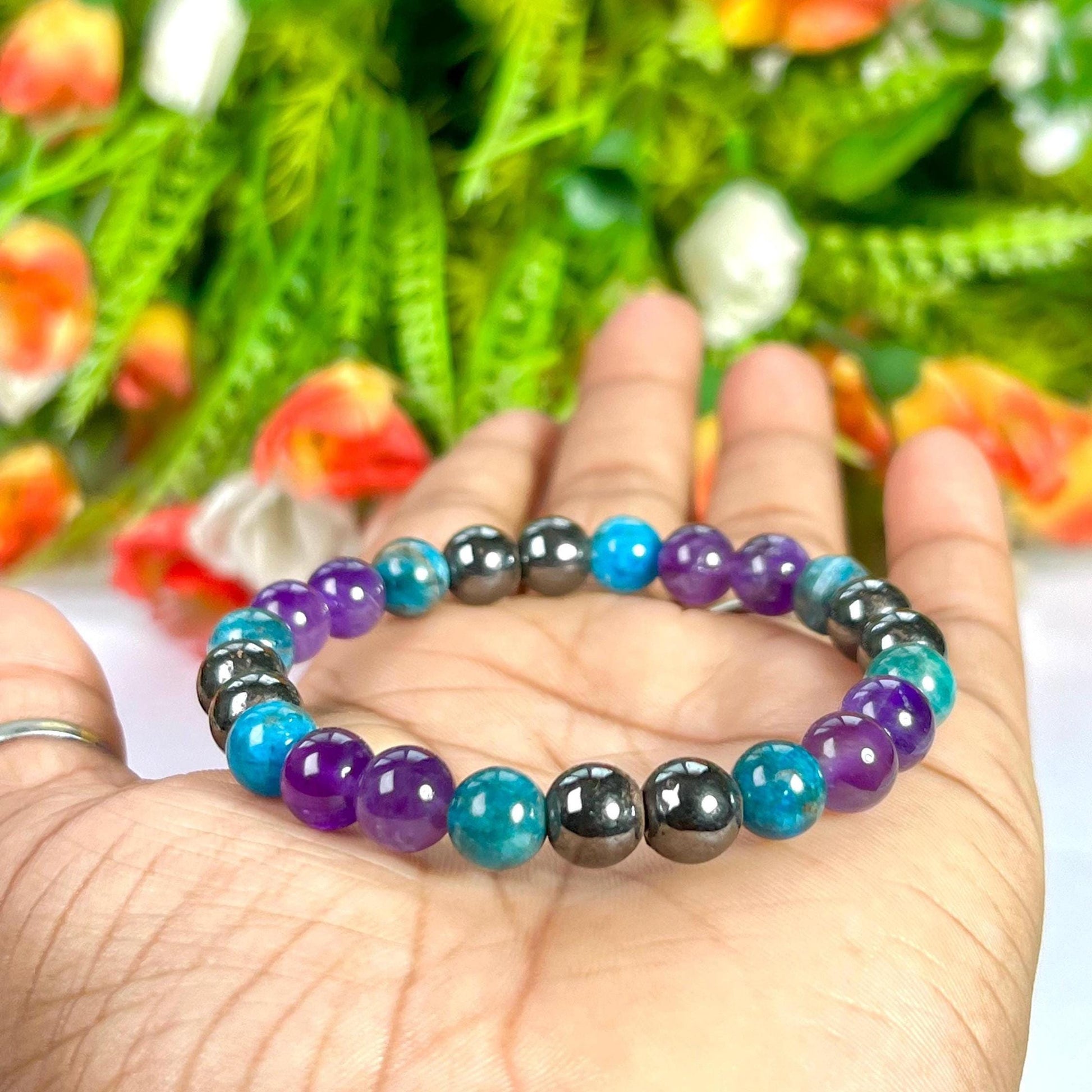 Weight Balance Stone Crystal Bracelet l Blue Apatite , Hematite,  Amethyst Stone Bracelet 8 MM