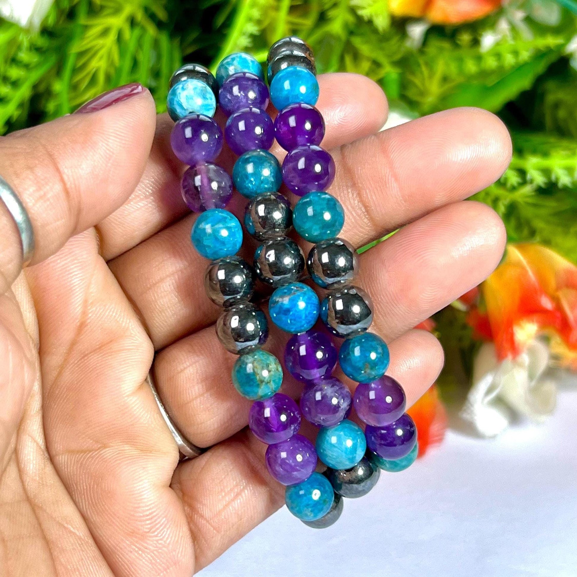 Weight Balance Stone Crystal Bracelet l Blue Apatite , Hematite,  Amethyst Stone Bracelet 8 MM