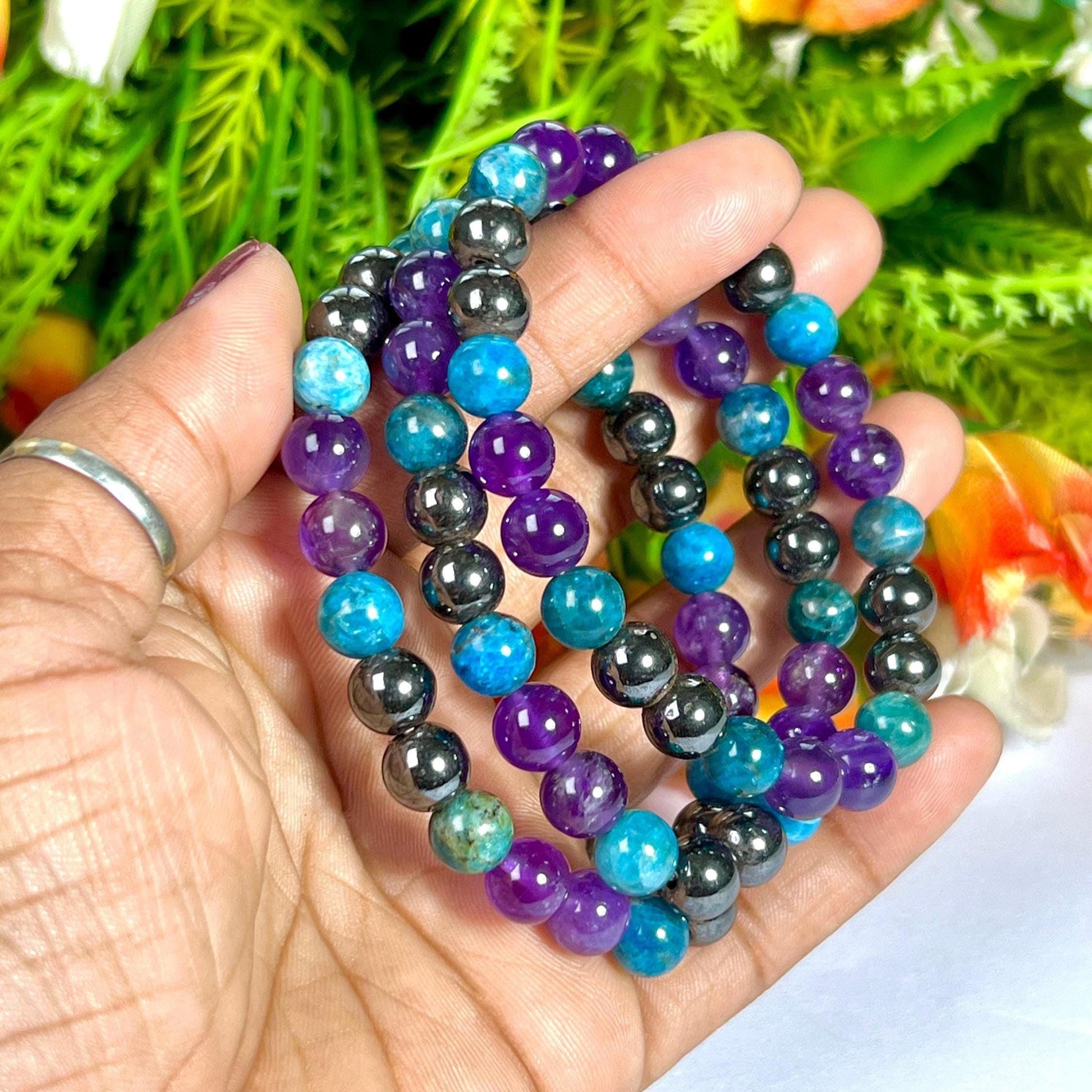 Weight Balance Stone Crystal Bracelet l Blue Apatite , Hematite,  Amethyst Stone Bracelet 8 MM