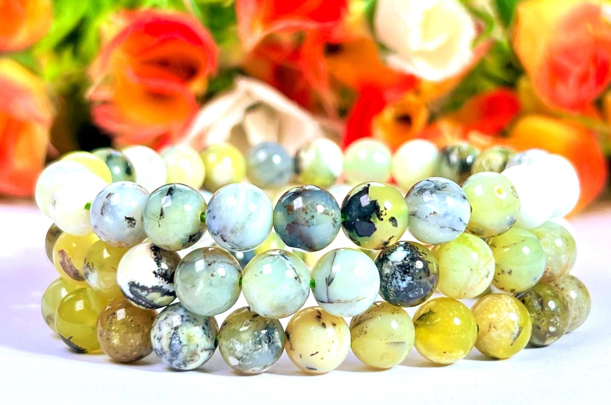 Green Dendritic Opal Stone Bracelet l Stretchable Bracelet l Unisex Bracelet l 8 MM Bracelet