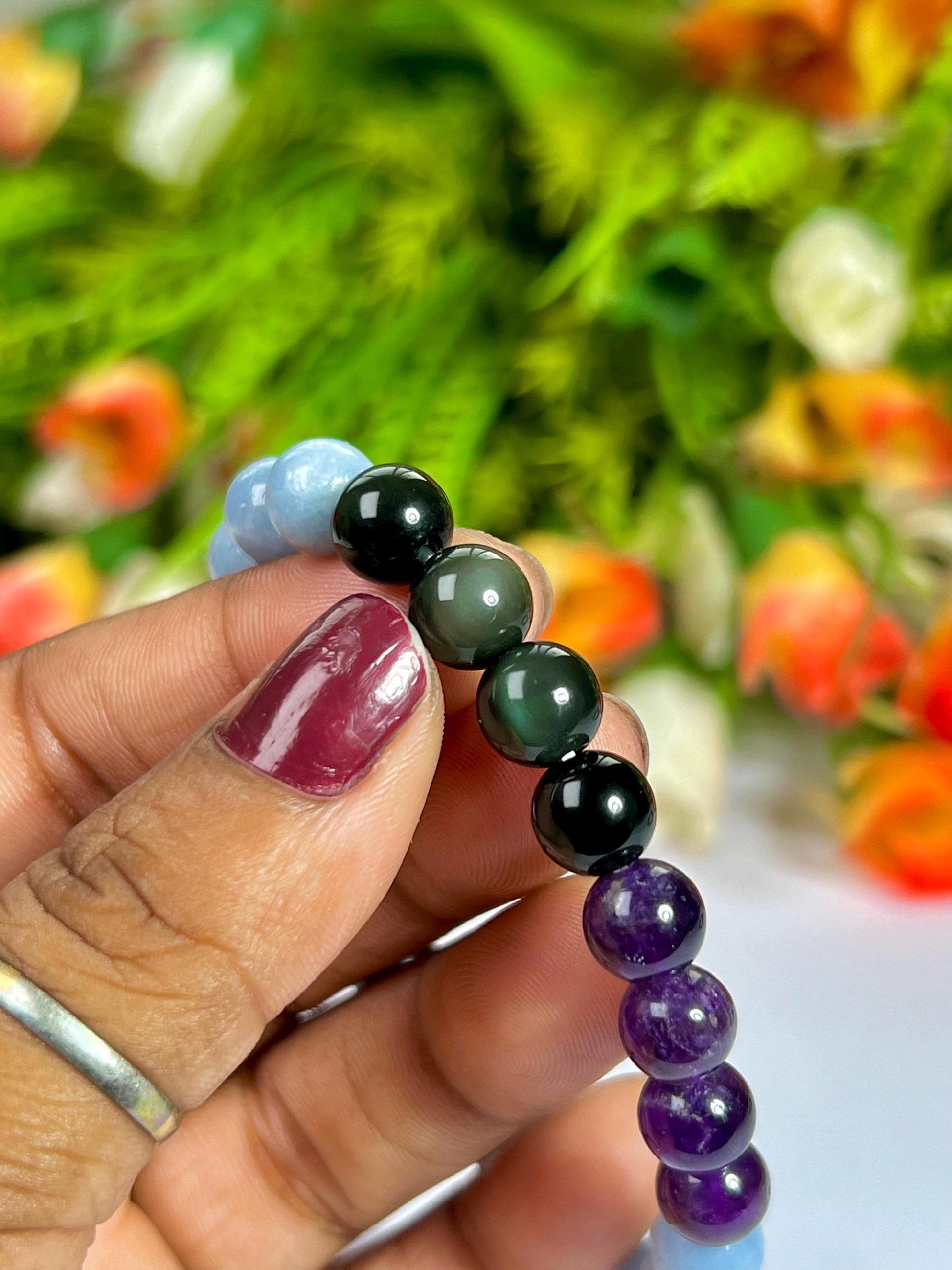 Pain Relief Crystal Bracelet – Amethyst, Rainbow Obsidian & Angelite – 8mm Natural Gemstone Beads