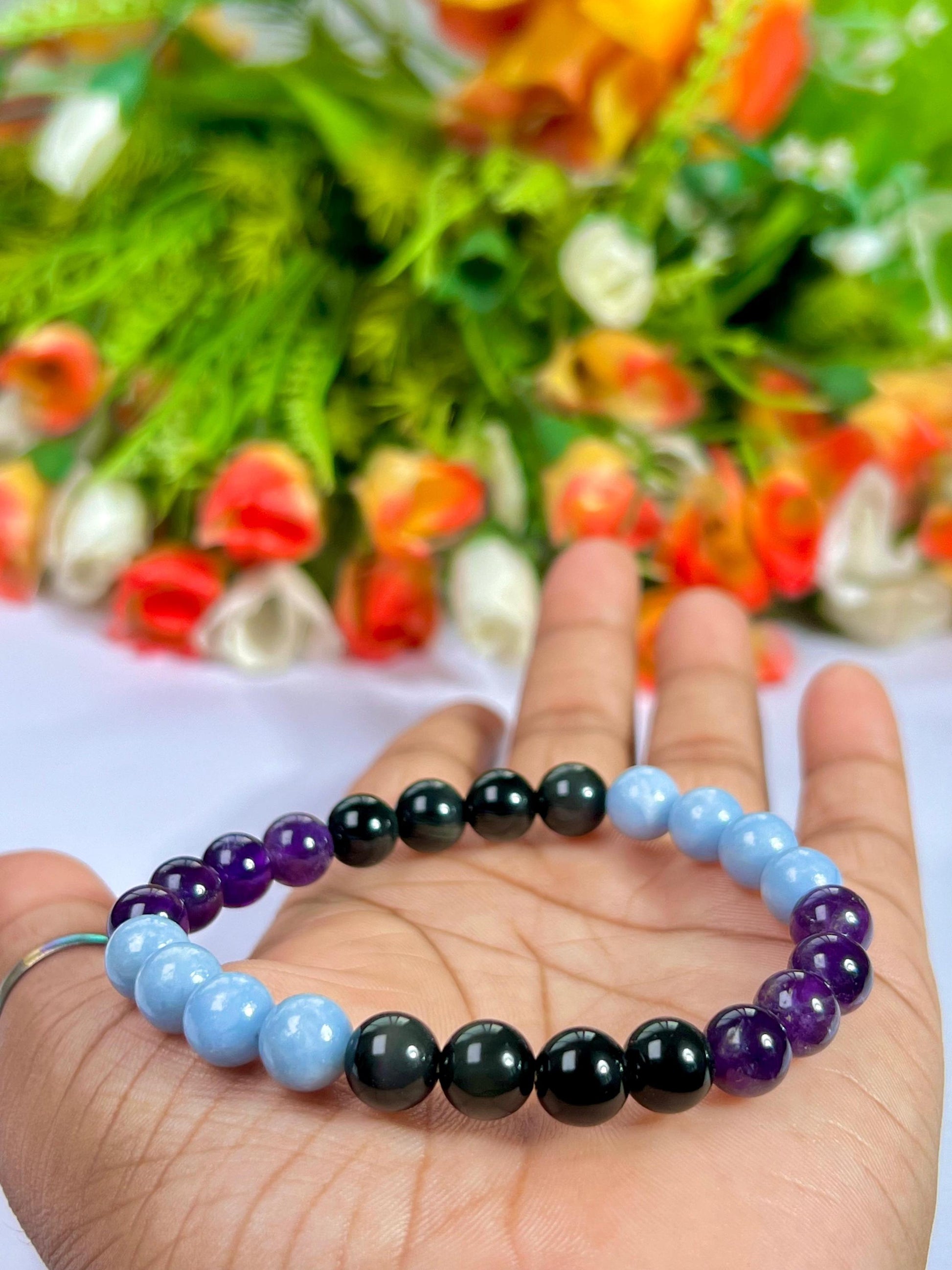 Pain Relief Crystal Bracelet – Amethyst, Rainbow Obsidian & Angelite – 8mm Natural Gemstone Beads
