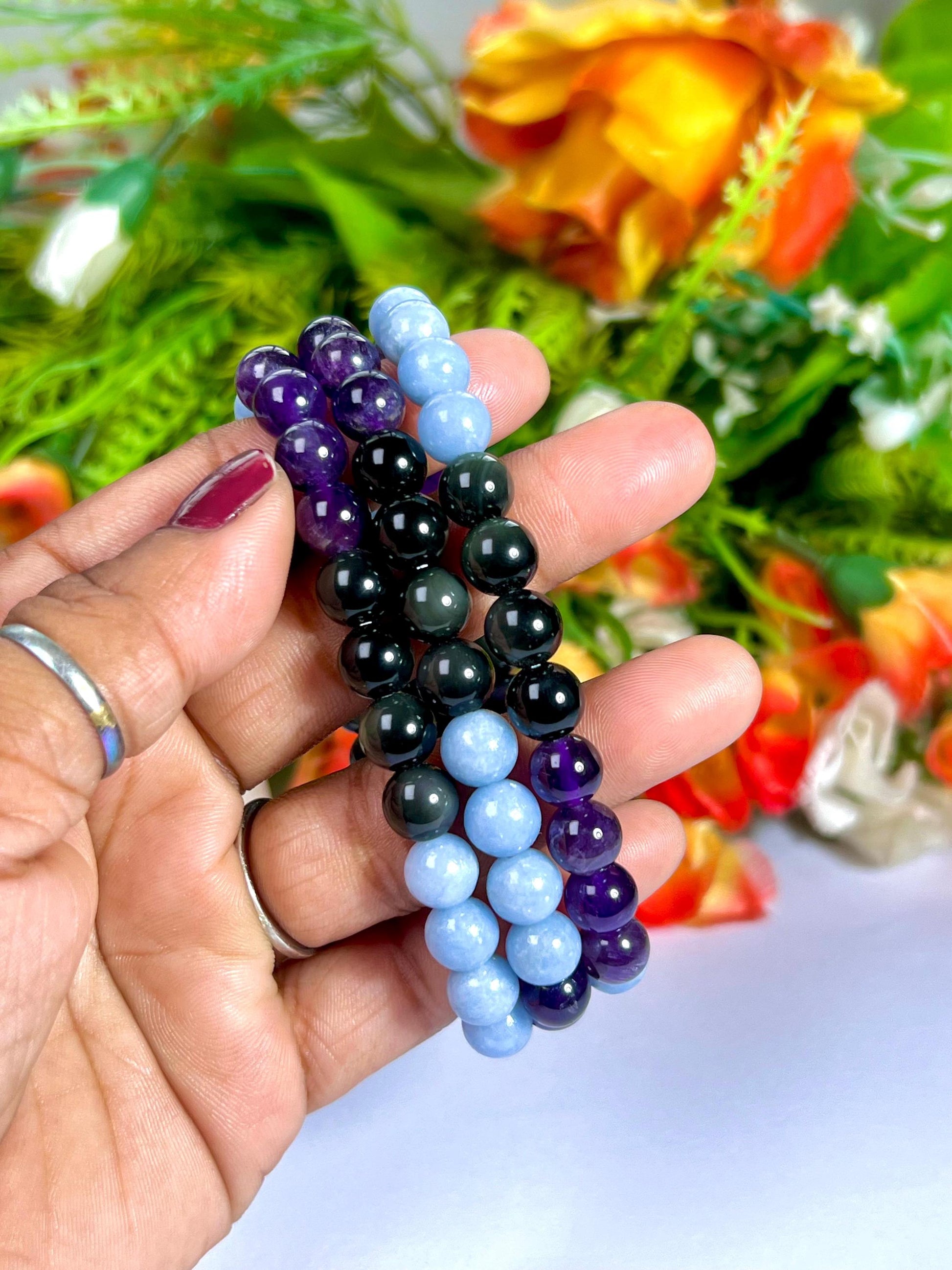 Pain Relief Crystal Bracelet – Amethyst, Rainbow Obsidian & Angelite – 8mm Natural Gemstone Beads