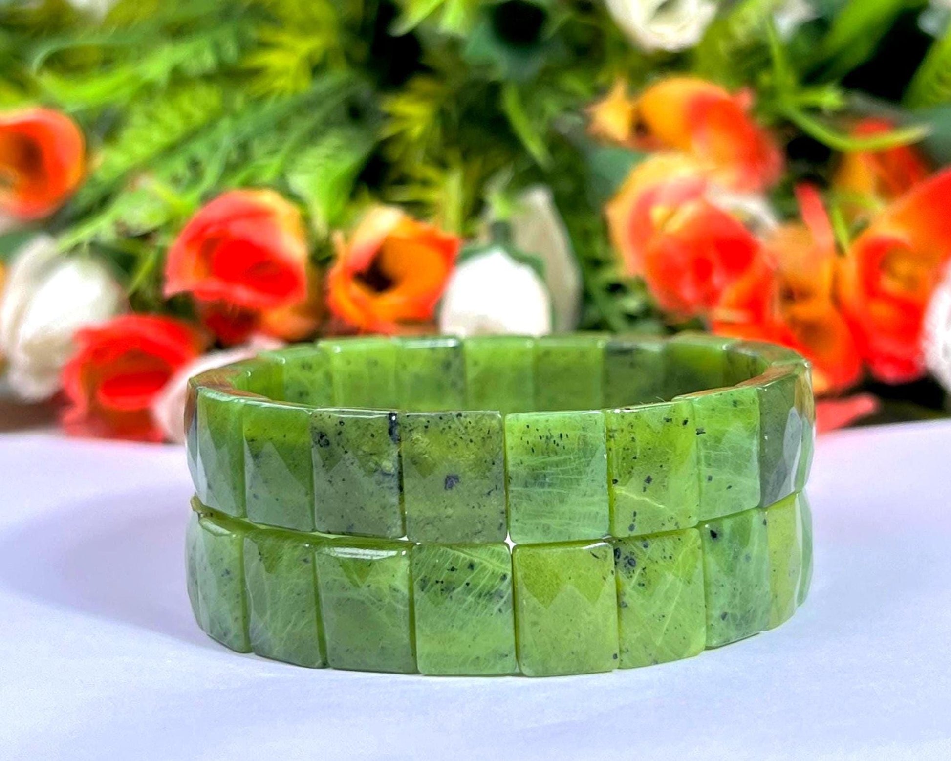 15 MM Nephrite Jade Stone Bracelet l Stretchable Bracelet AAAAA +++++