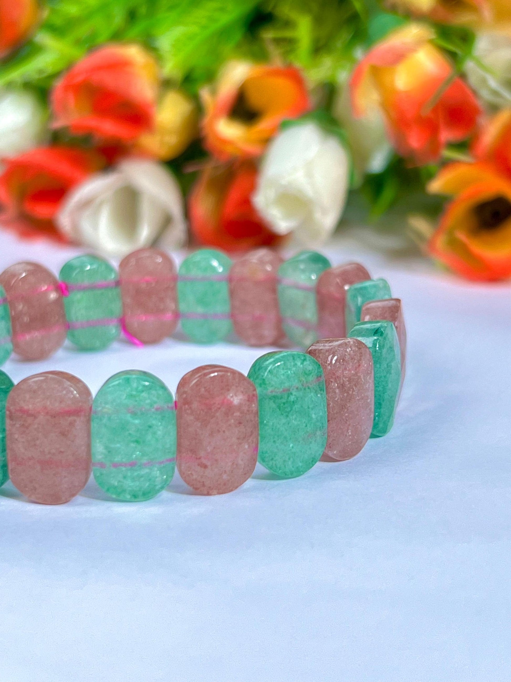 15 MM Pink and Green Strawberry Quartz Stone Bracelet l Stretchable Bracelet
