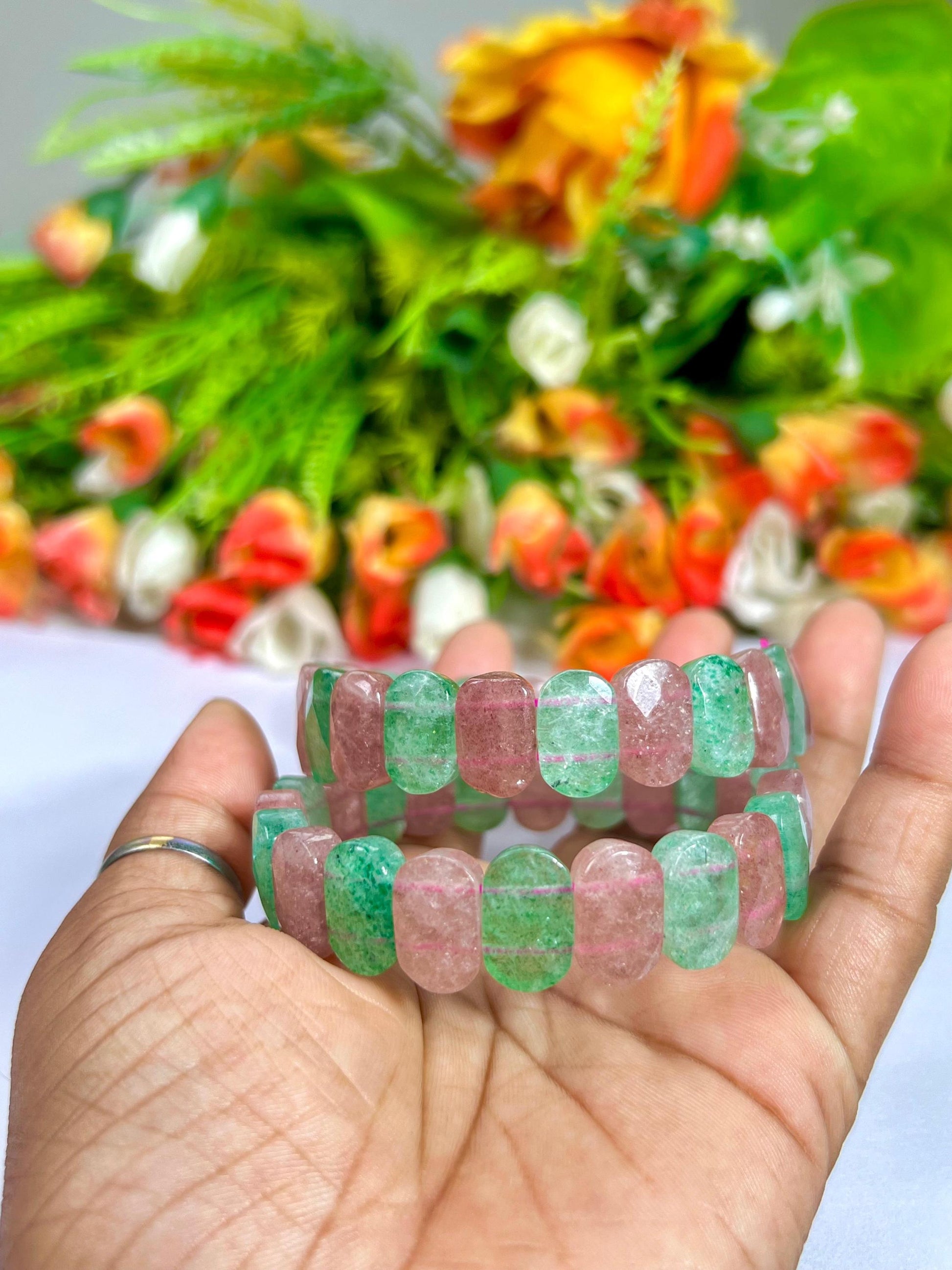 15 MM Pink and Green Strawberry Quartz Stone Bracelet l Stretchable Bracelet