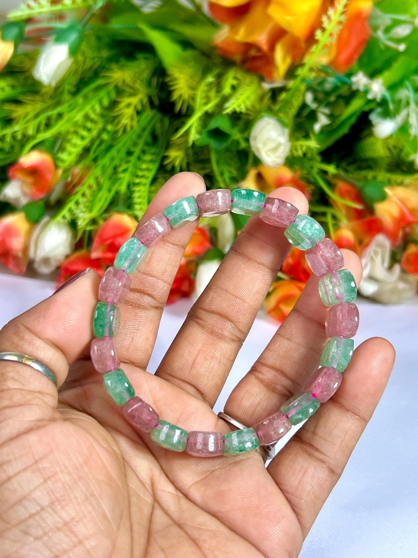 15 MM Pink and Green Strawberry Quartz Stone Bracelet l Stretchable Bracelet