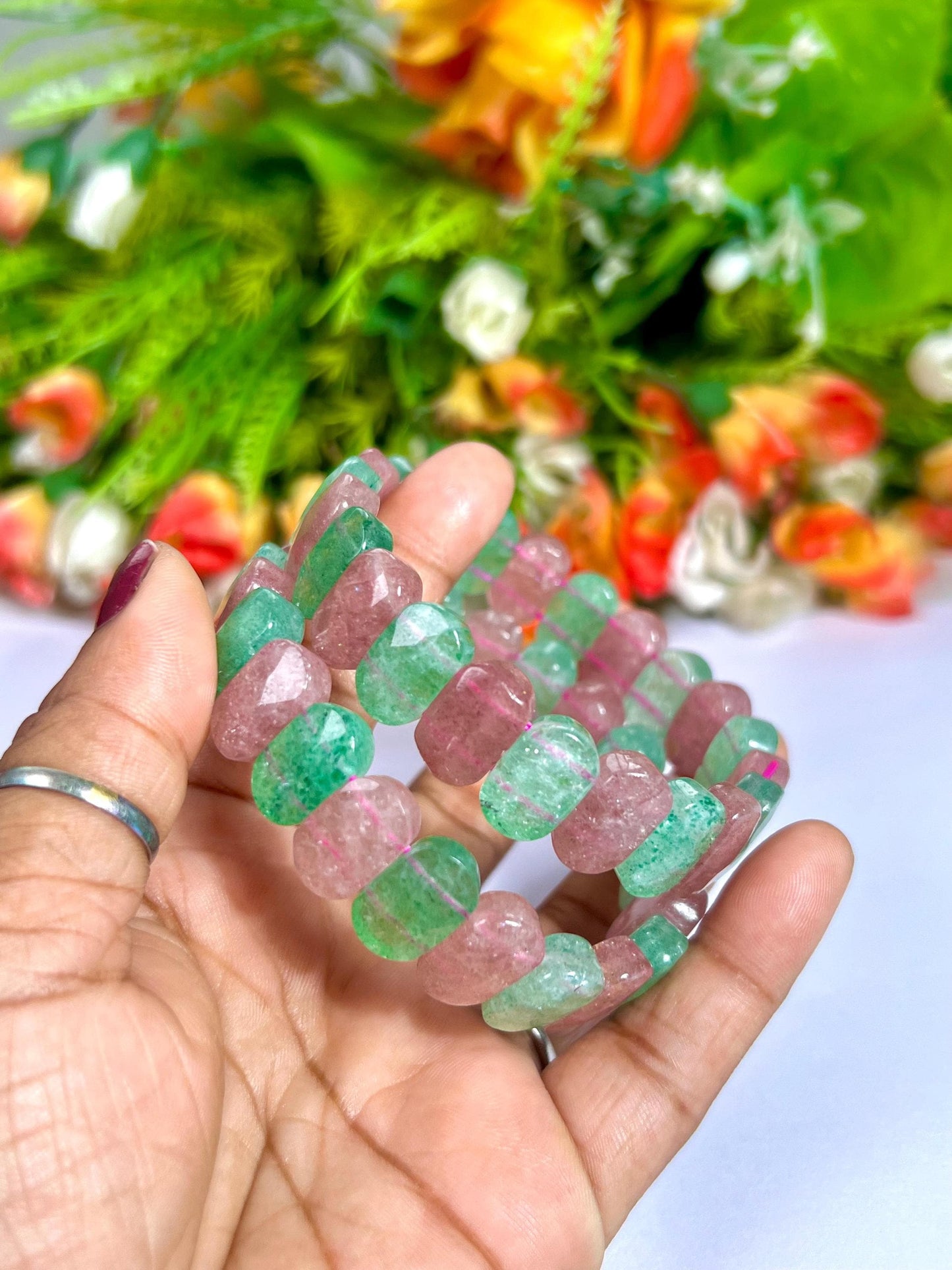 15 MM Pink and Green Strawberry Quartz Stone Bracelet l Stretchable Bracelet
