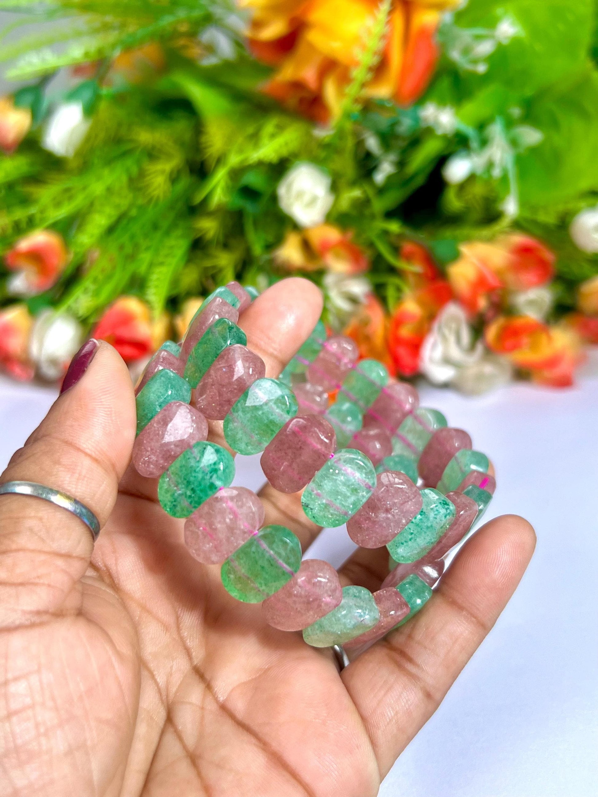 15 MM Pink and Green Strawberry Quartz Stone Bracelet l Stretchable Bracelet