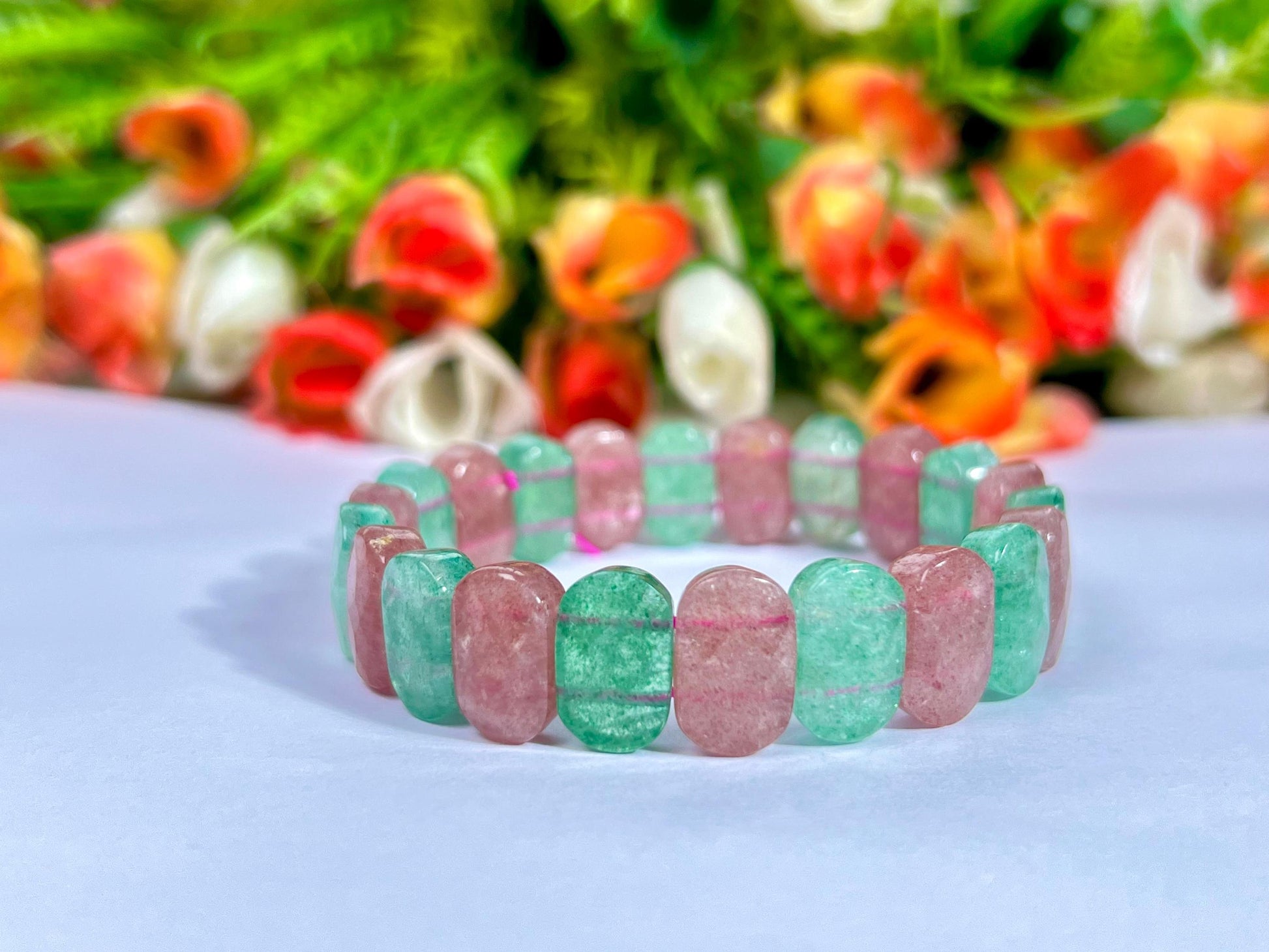 15 MM Pink and Green Strawberry Quartz Stone Bracelet l Stretchable Bracelet