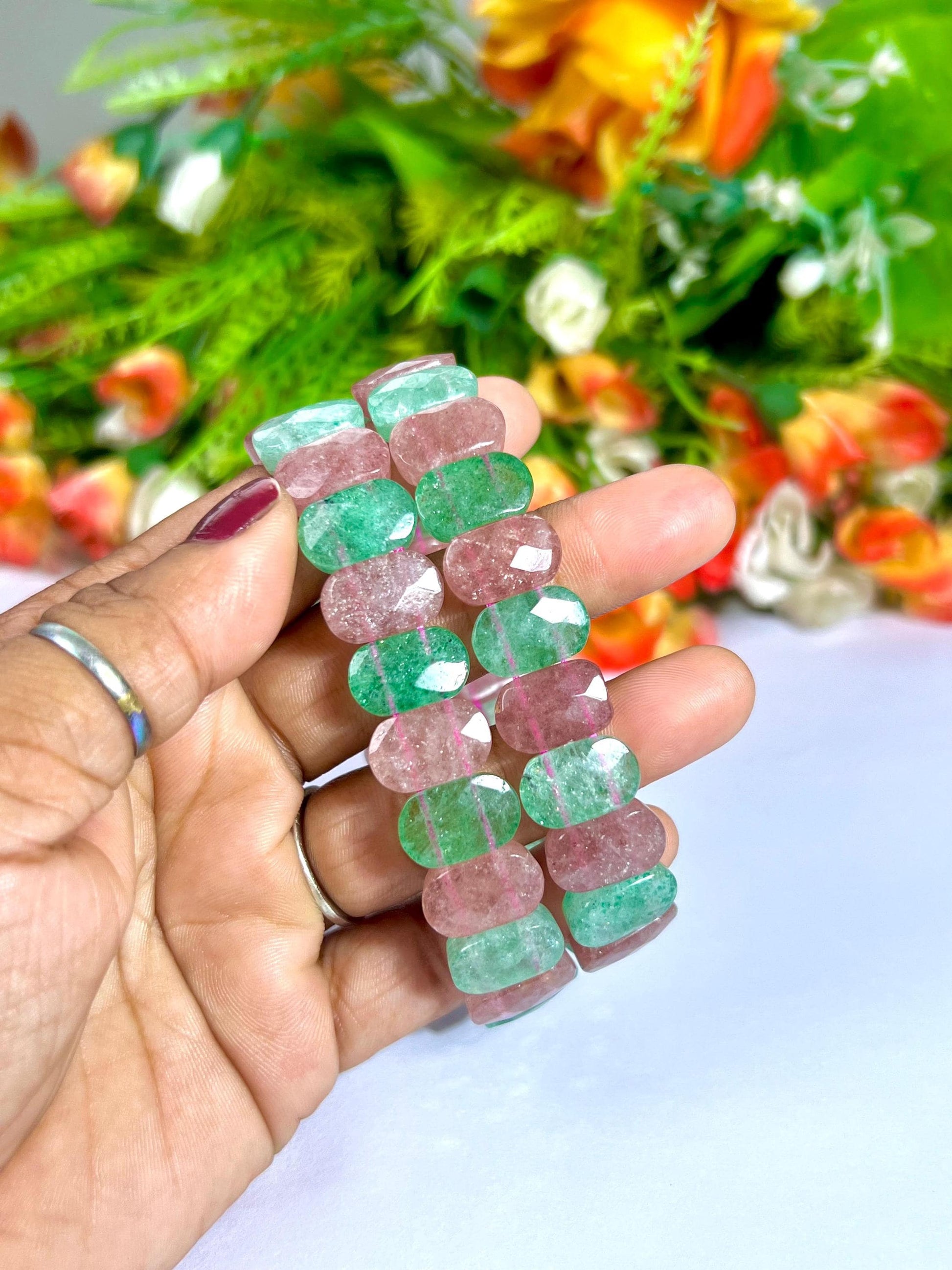 15 MM Pink and Green Strawberry Quartz Stone Bracelet l Stretchable Bracelet