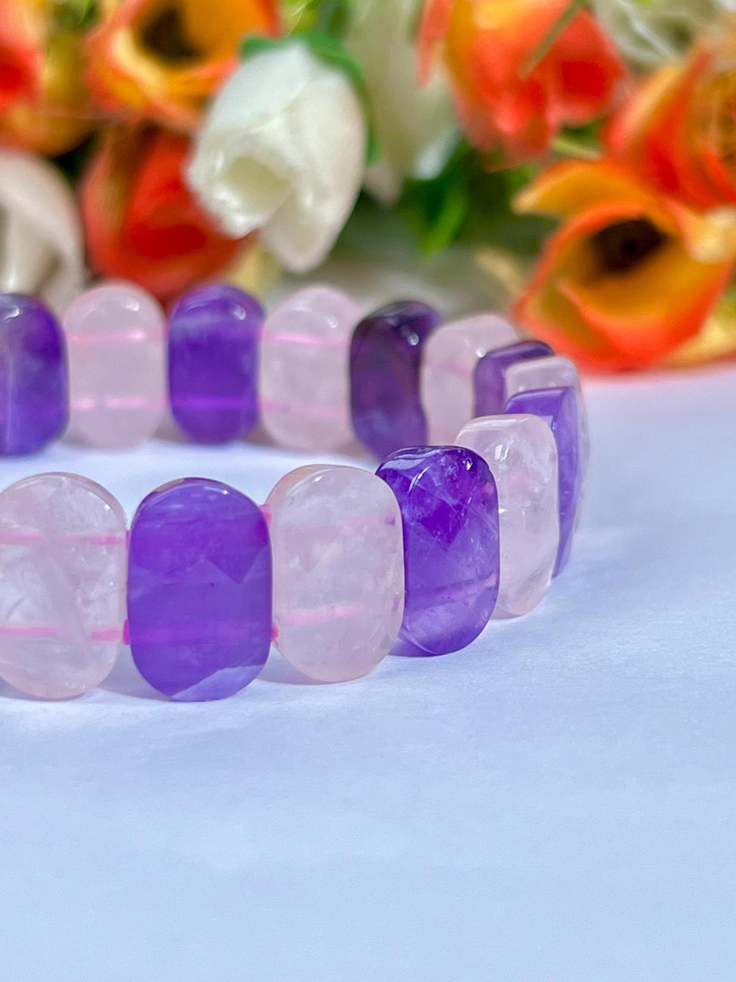 15 MM Amethyst Stone and Rose Quartz Stone Bracelet l Stretchable Bracelet AAAAA +++++