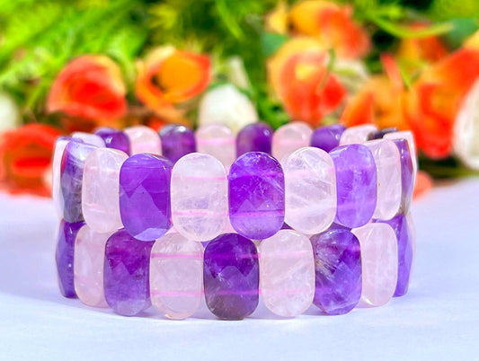 15 MM Amethyst Stone and Rose Quartz Stone Bracelet l Stretchable Bracelet AAAAA +++++