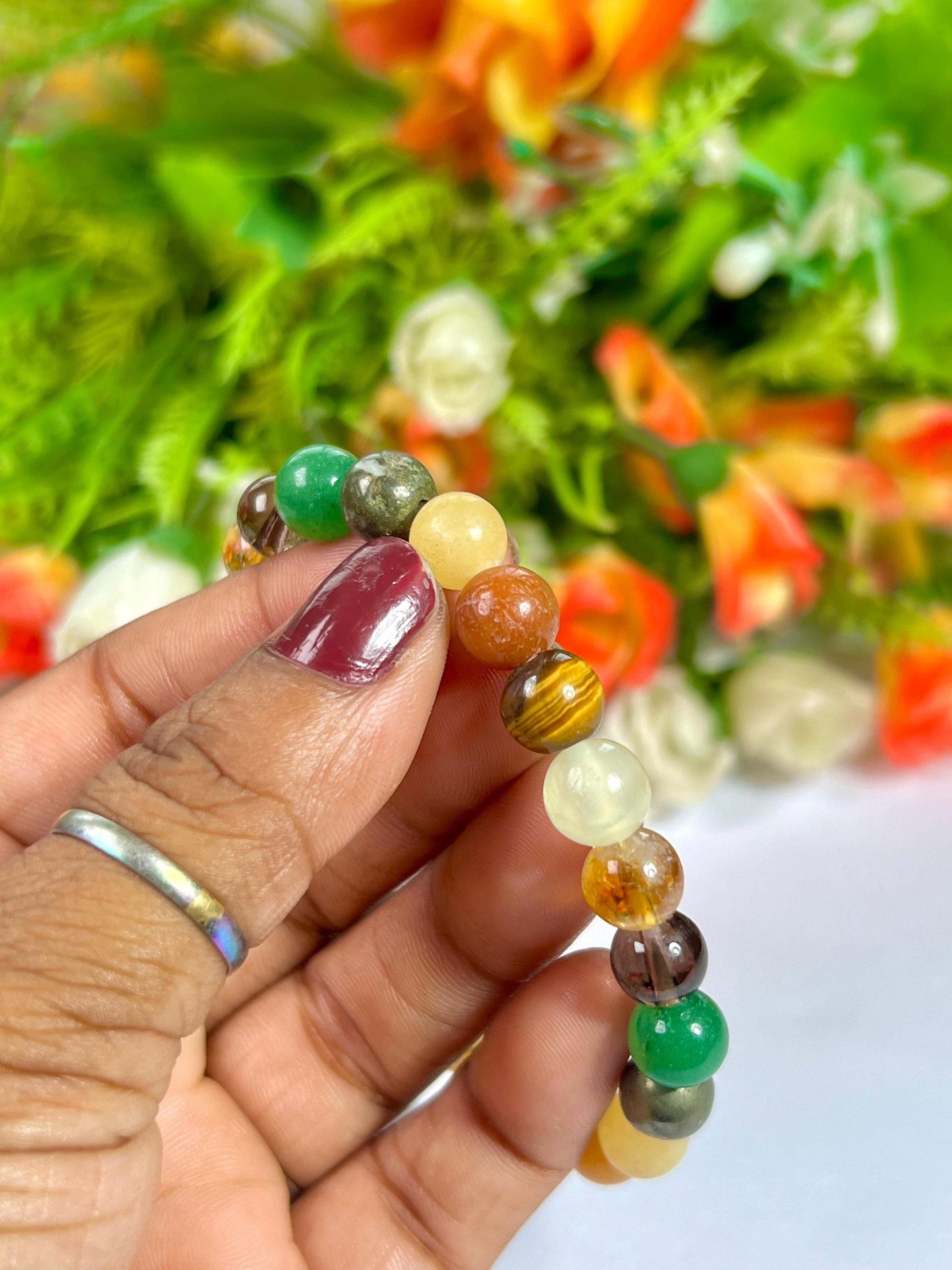 Menifest Abundance Prosperity Tiger's Eye, Barma Jade,Smoky Quartz,Pyrite ,Yellow Calcite,Red and Green Aventurine Stone 8 MM Beads Bracelet