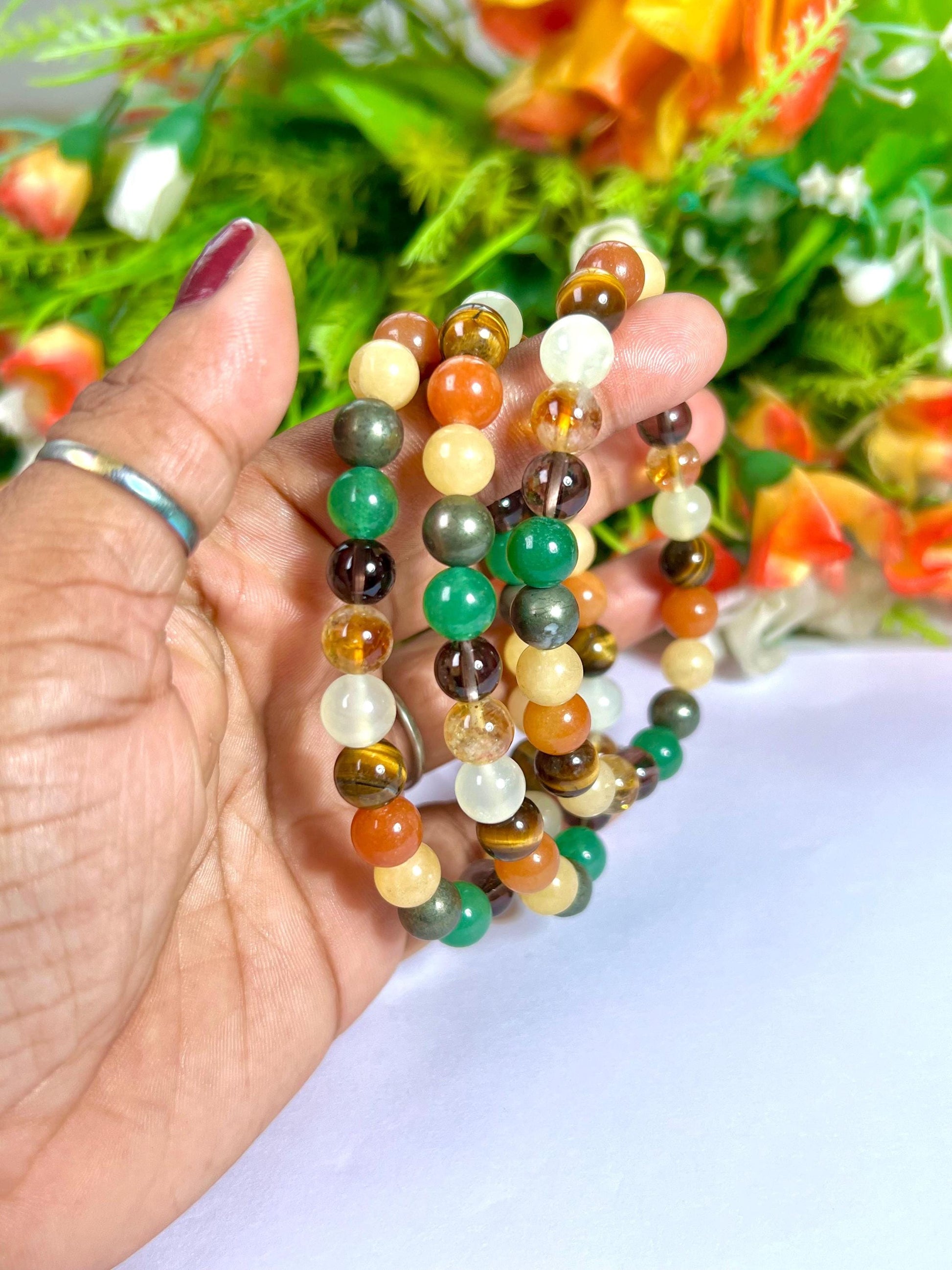 Menifest Abundance Prosperity Tiger's Eye, Barma Jade,Smoky Quartz,Pyrite ,Yellow Calcite,Red and Green Aventurine Stone 8 MM Beads Bracelet