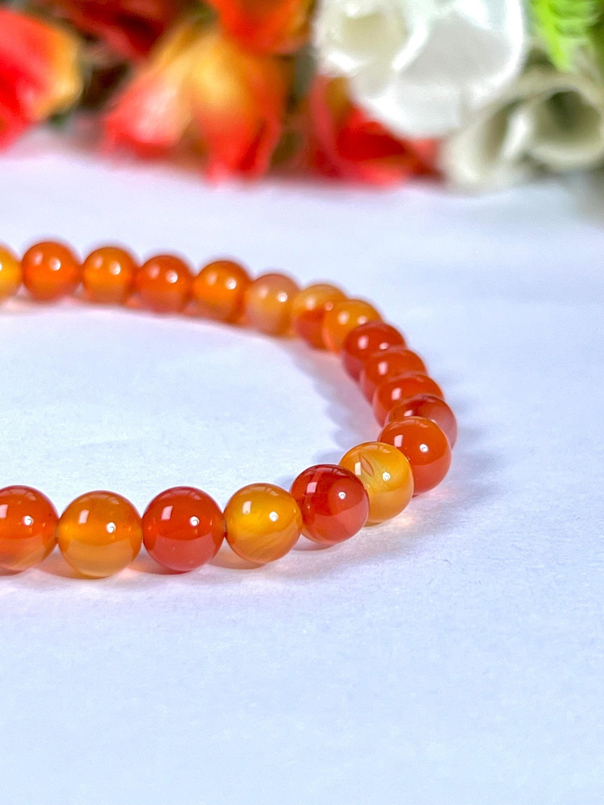 6 MM Red Orange Carnelian Stone Bracelet l Stretchable Bracelet l Unisex Bracelet