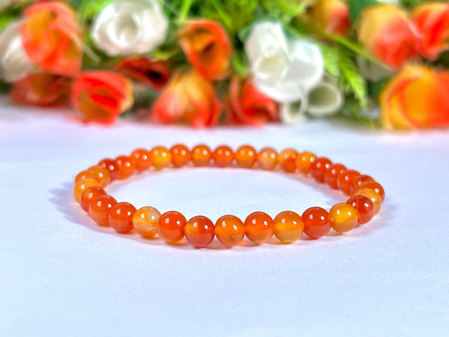 6 MM Red Orange Carnelian Stone Bracelet l Stretchable Bracelet l Unisex Bracelet