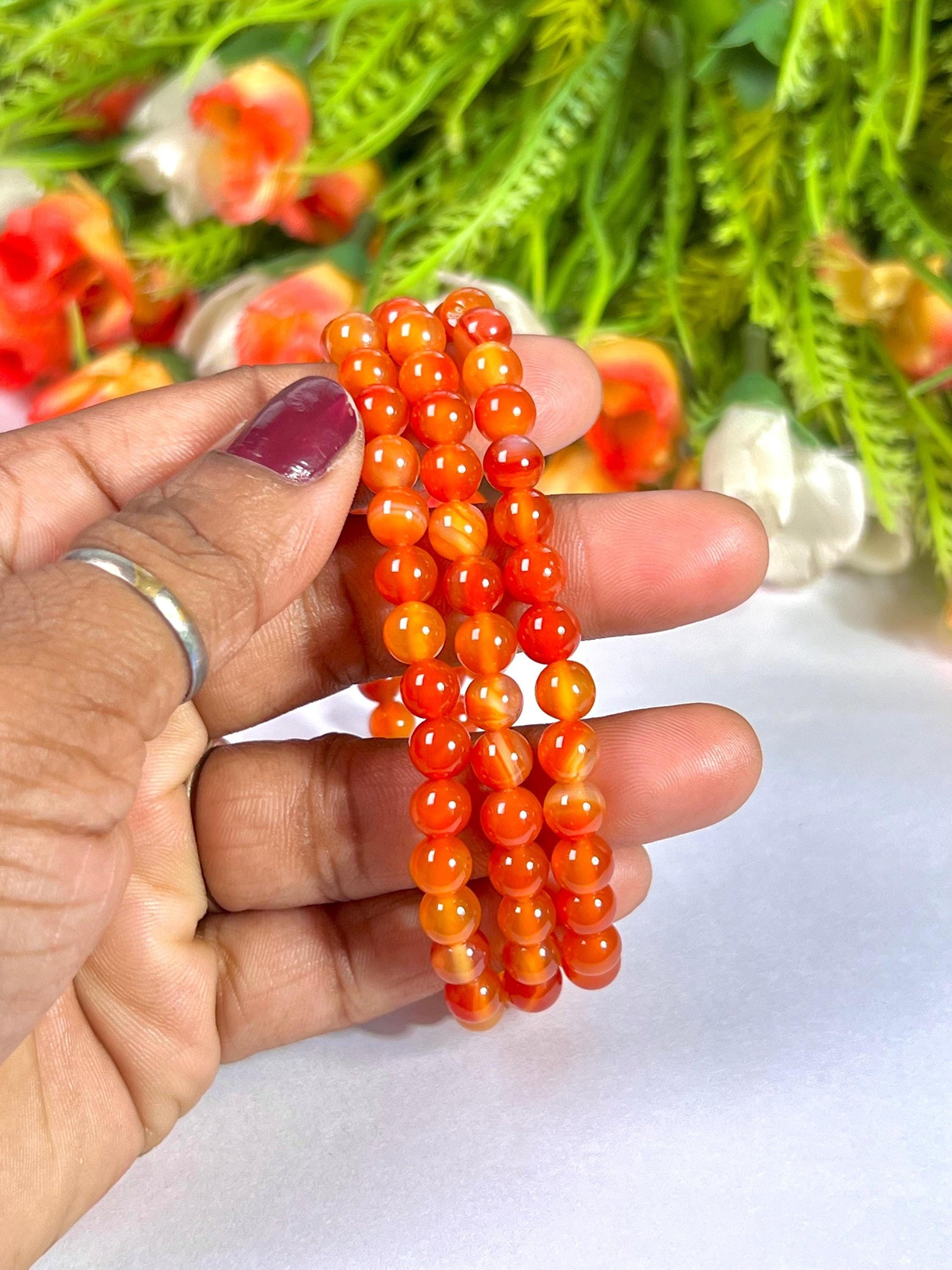 6 MM Red Orange Carnelian Stone Bracelet l Stretchable Bracelet l Unisex Bracelet