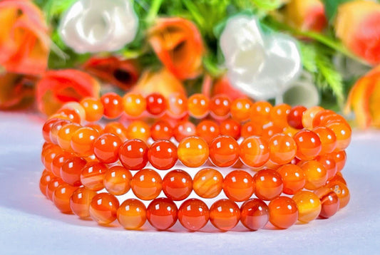 6 MM Red Orange Carnelian Stone Bracelet l Stretchable Bracelet l Unisex Bracelet