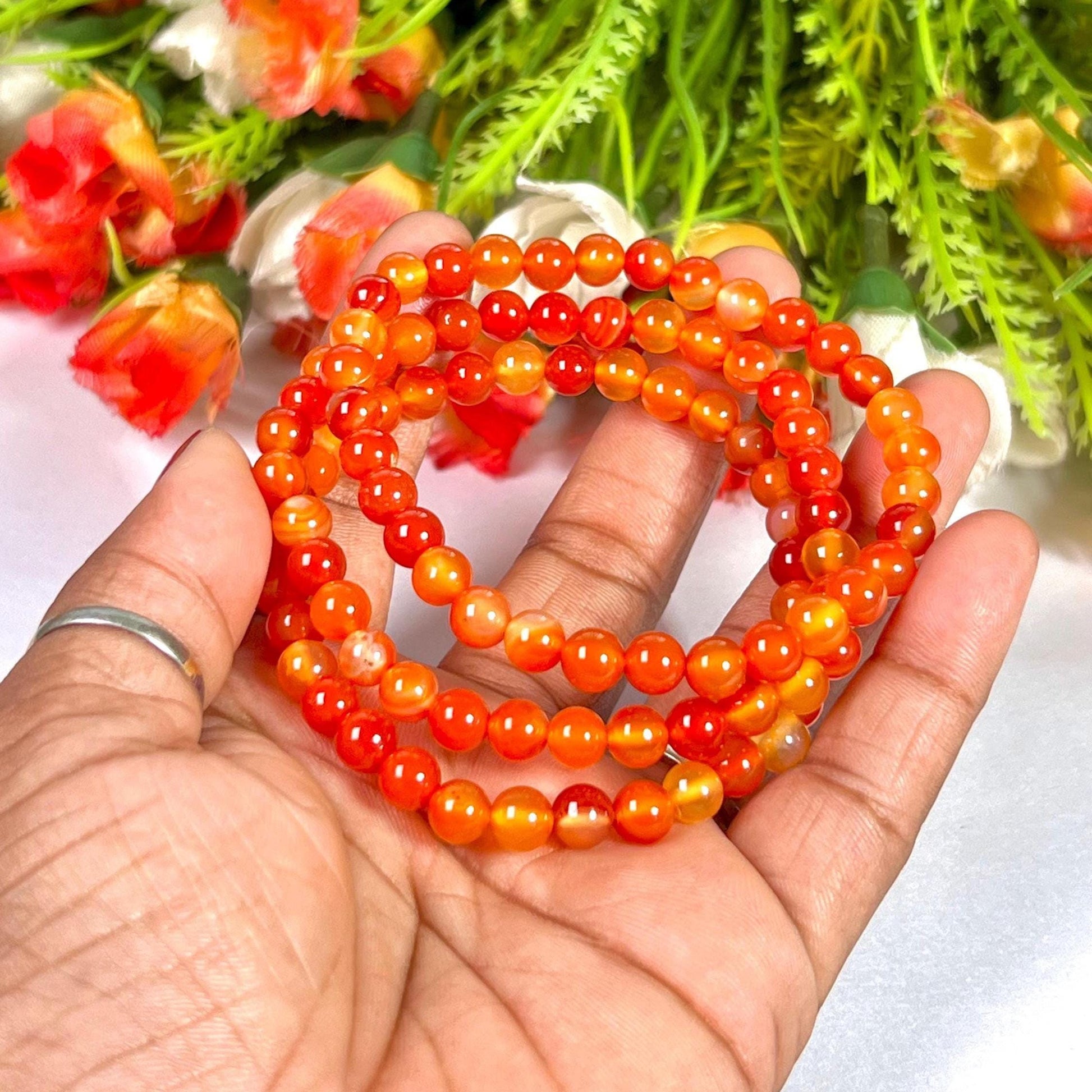6 MM Red Orange Carnelian Stone Bracelet l Stretchable Bracelet l Unisex Bracelet