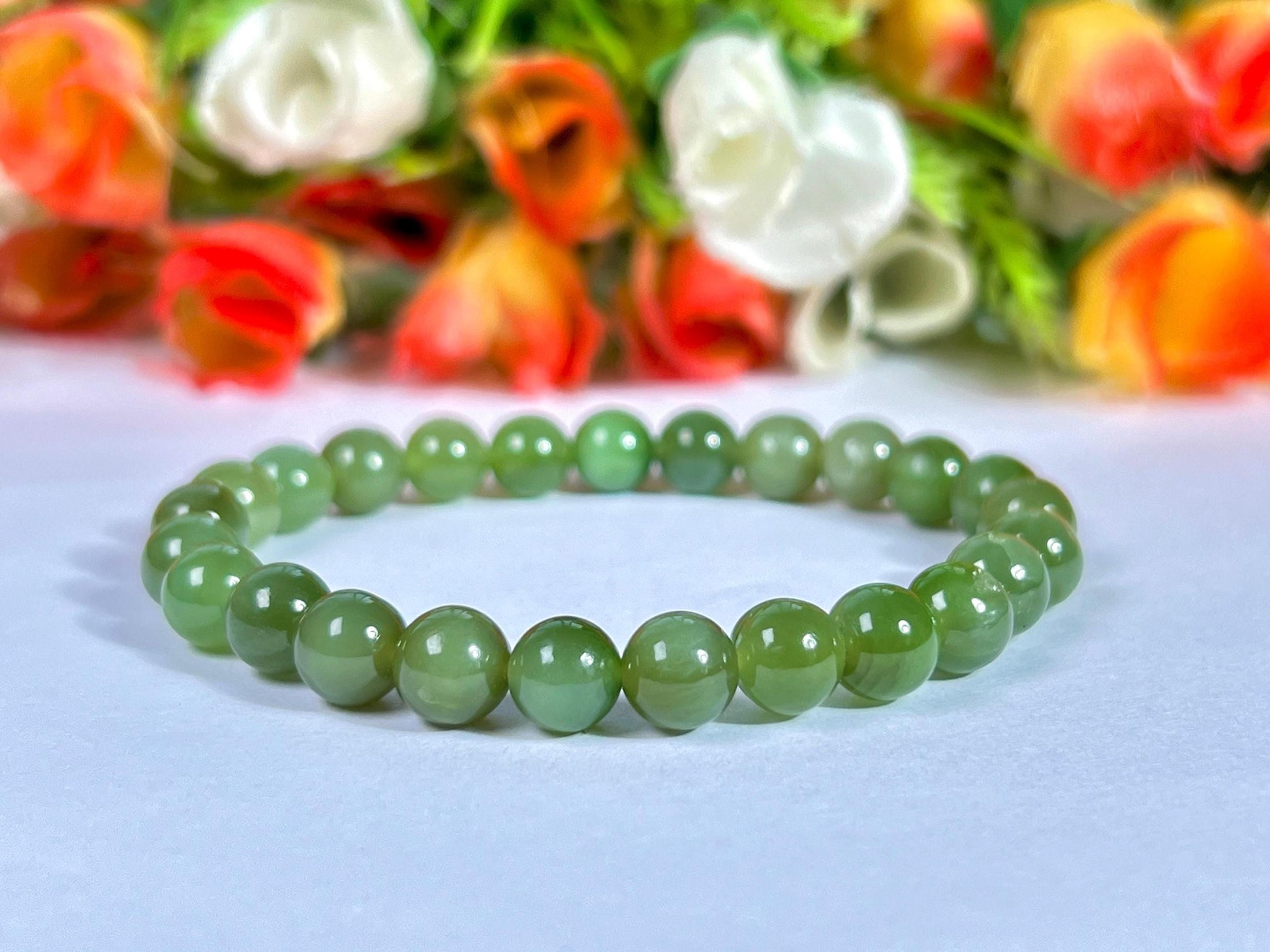 Chinese Olive Green Jade Stone Bracelet l Stretchable Bracelet l Unisex Bracelet l 8 MM Bracelet