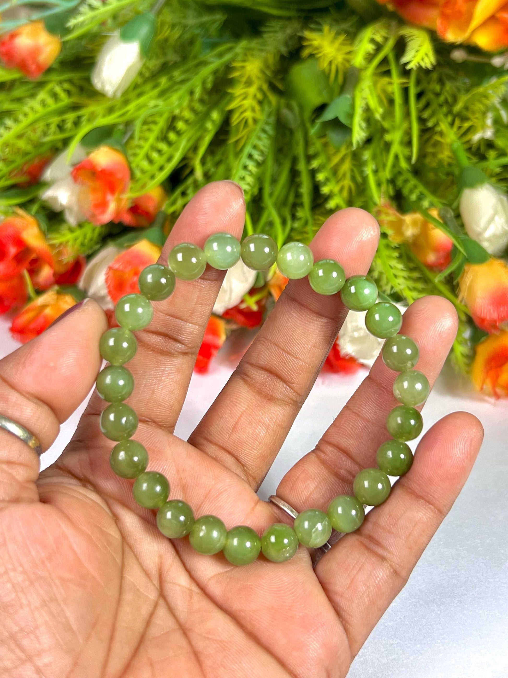 Chinese Olive Green Jade Stone Bracelet l Stretchable Bracelet l Unisex Bracelet l 8 MM Bracelet