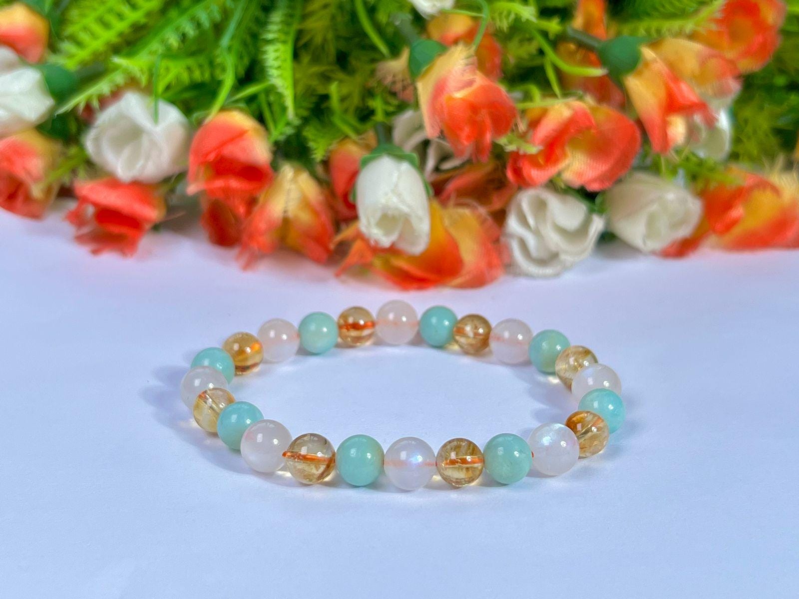 For Daughter Bracelet l Citrine, Rainbow Moonstone, Amazonite Stone 8 MM Beads Bracelet