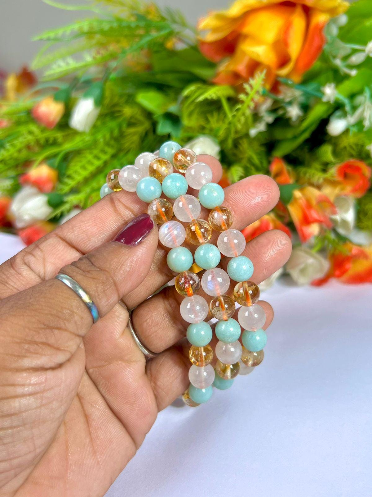 For Daughter Bracelet l Citrine, Rainbow Moonstone, Amazonite Stone 8 MM Beads Bracelet