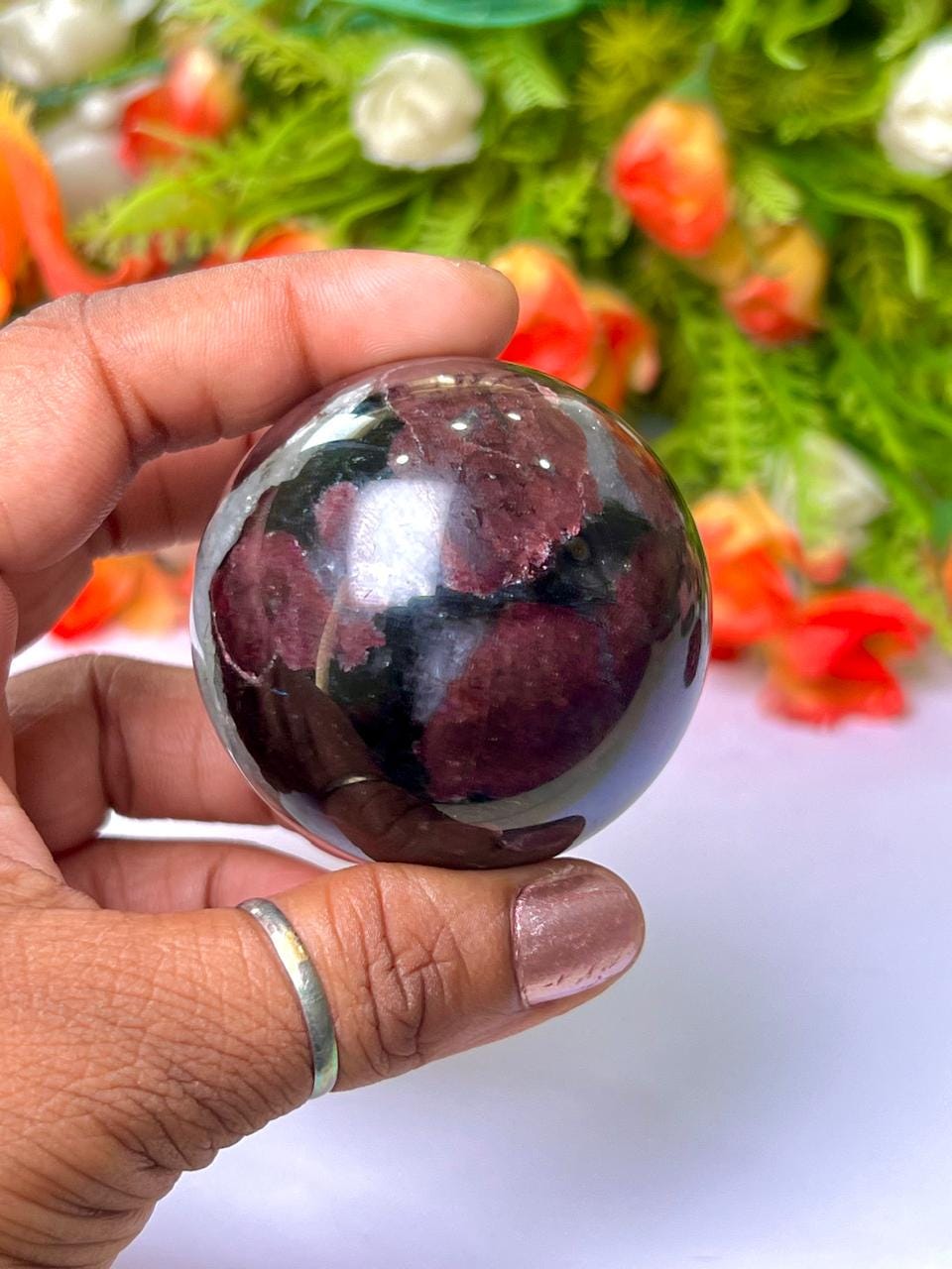 198 Gm Arfvedsonite Stone with Garnet Stone Manifestation Sphere 50MM Crystal Ball Orb Stone Meditation Space Crystal Grid With wooden Stand