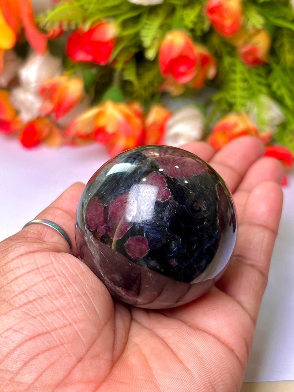198 Gm Arfvedsonite Stone with Garnet Stone Manifestation Sphere 50MM Crystal Ball Orb Stone Meditation Space Crystal Grid With wooden Stand