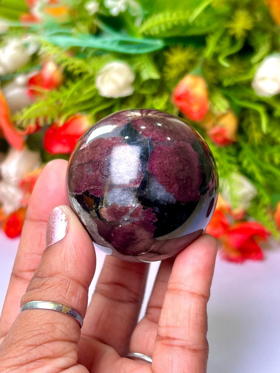 198 Gm Arfvedsonite Stone with Garnet Stone Manifestation Sphere 50MM Crystal Ball Orb Stone Meditation Space Crystal Grid With wooden Stand