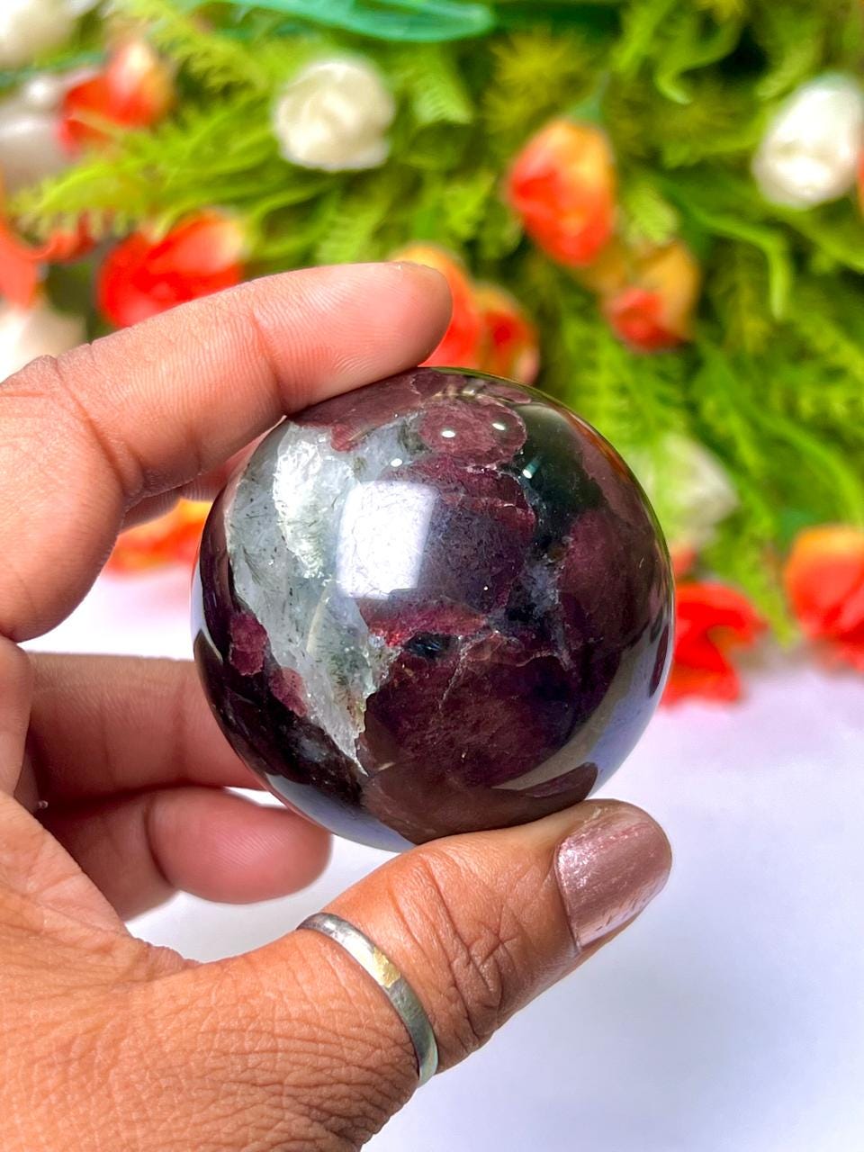 198 Gm Arfvedsonite Stone with Garnet Stone Manifestation Sphere 50MM Crystal Ball Orb Stone Meditation Space Crystal Grid With wooden Stand