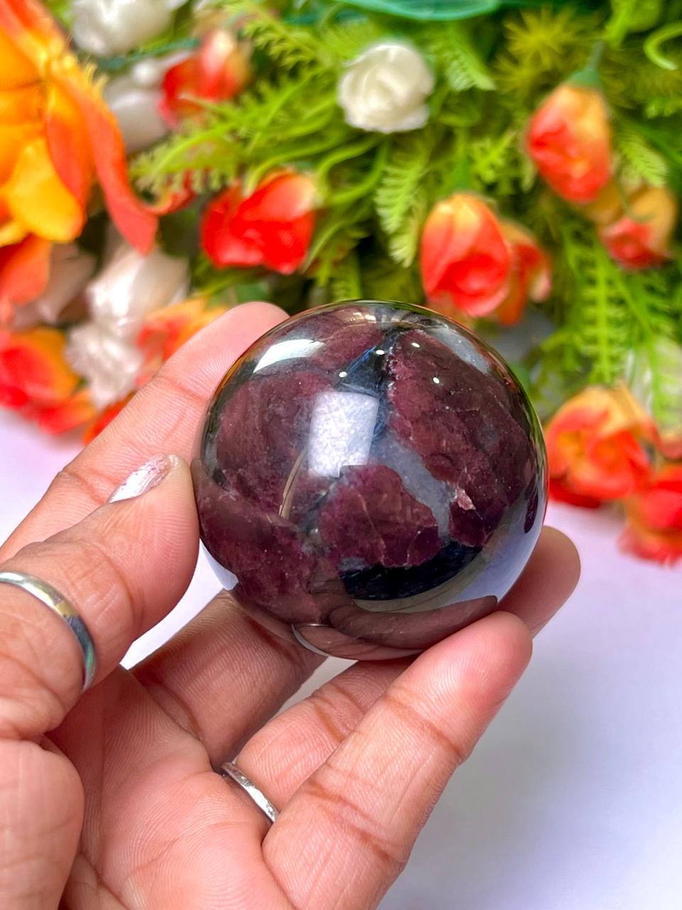 198 Gm Arfvedsonite Stone with Garnet Stone Manifestation Sphere 50MM Crystal Ball Orb Stone Meditation Space Crystal Grid With wooden Stand