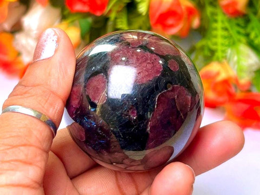 198 Gm Arfvedsonite Stone with Garnet Stone Manifestation Sphere 50MM Crystal Ball Orb Stone Meditation Space Crystal Grid With wooden Stand