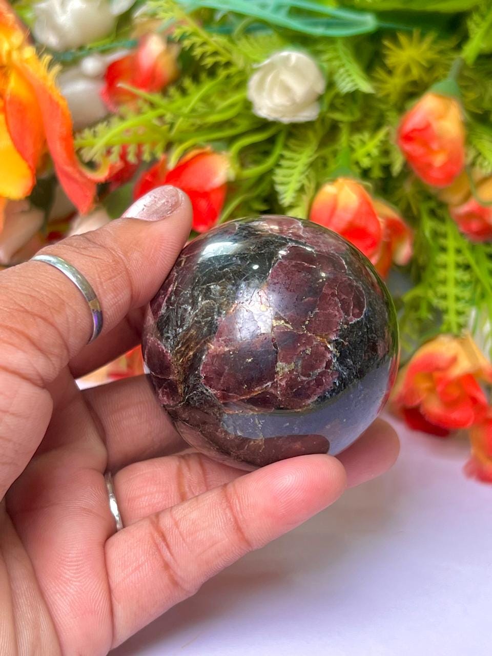 216 Gm Arfvedsonite Stone with Garnet Stone Manifestation Sphere 50MM Crystal Ball Orb Stone Meditation Space Crystal Grid With wooden Stand