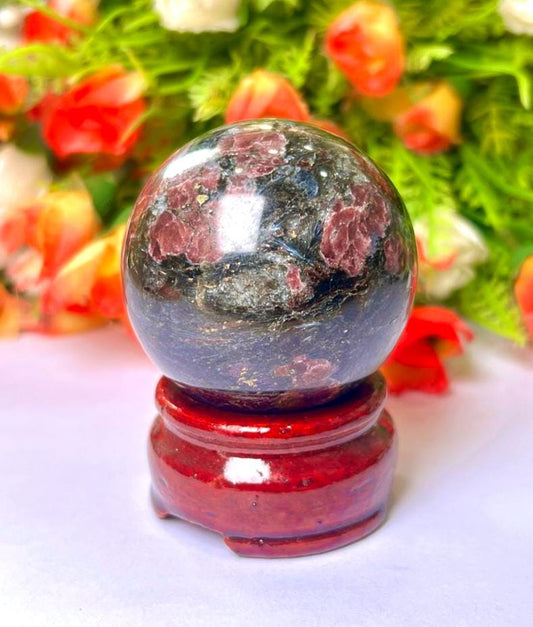 216 Gm Arfvedsonite Stone with Garnet Stone Manifestation Sphere 50MM Crystal Ball Orb Stone Meditation Space Crystal Grid With wooden Stand