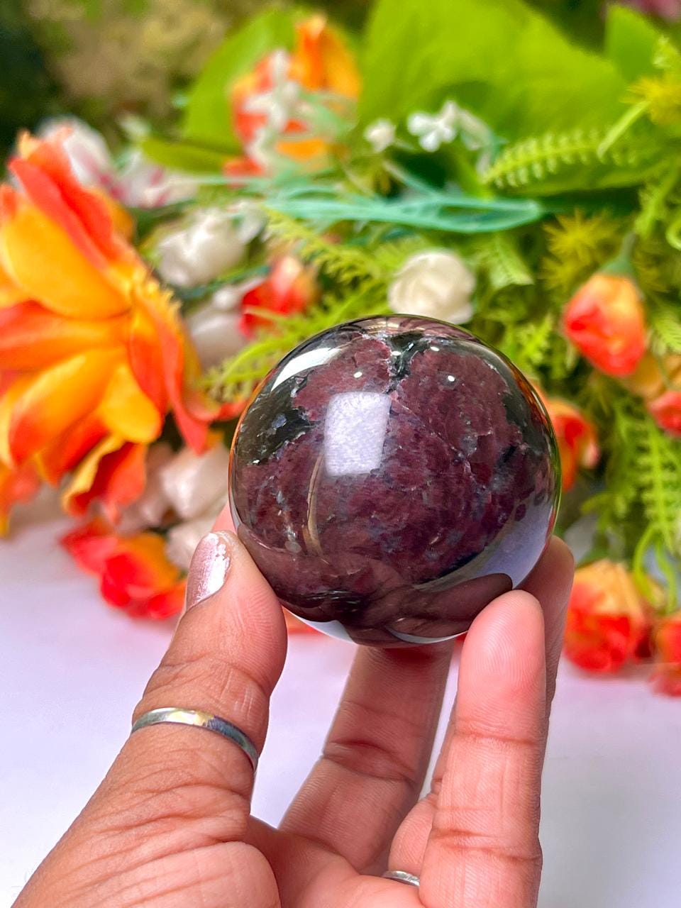 215 Gm Arfvedsonite Stone with Garnet Stone Manifestation Sphere 50MM Crystal Ball Orb Stone Meditation Space Crystal Grid With wooden Stand